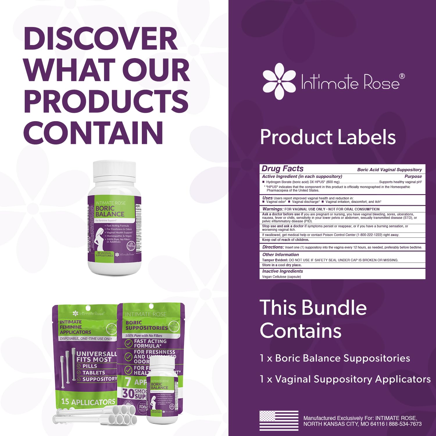 Save 10% on Boric Acid Vaginal Suppositories - 30 Count (600mg) + 7 Applicators and 15 Additional Intimate RoseAu supplements