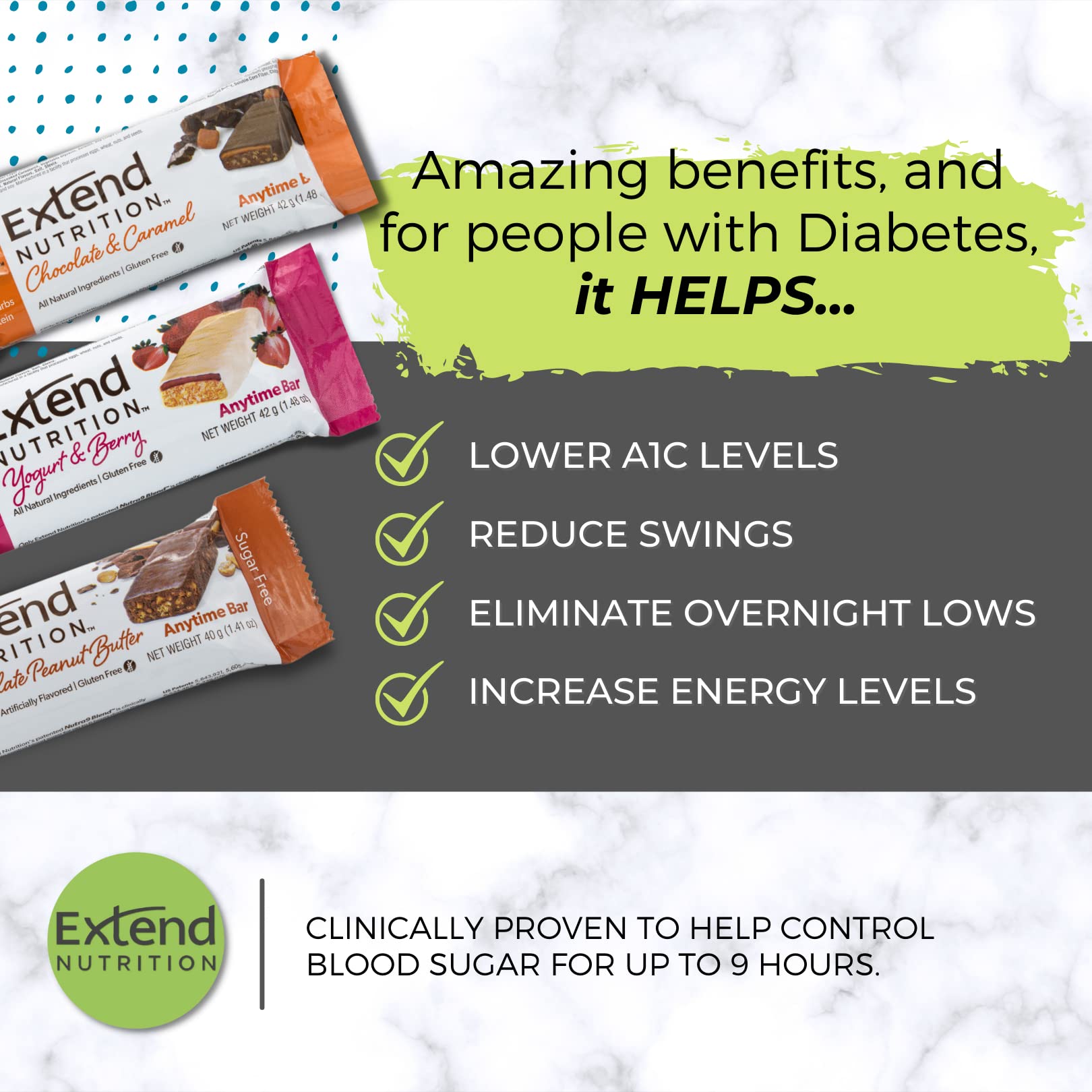 Extend Nutrition Diabetic Snacks for Sugar Control, Low Carb, Low Sugar, Low Calorie Snacks Extend BarUS supplements