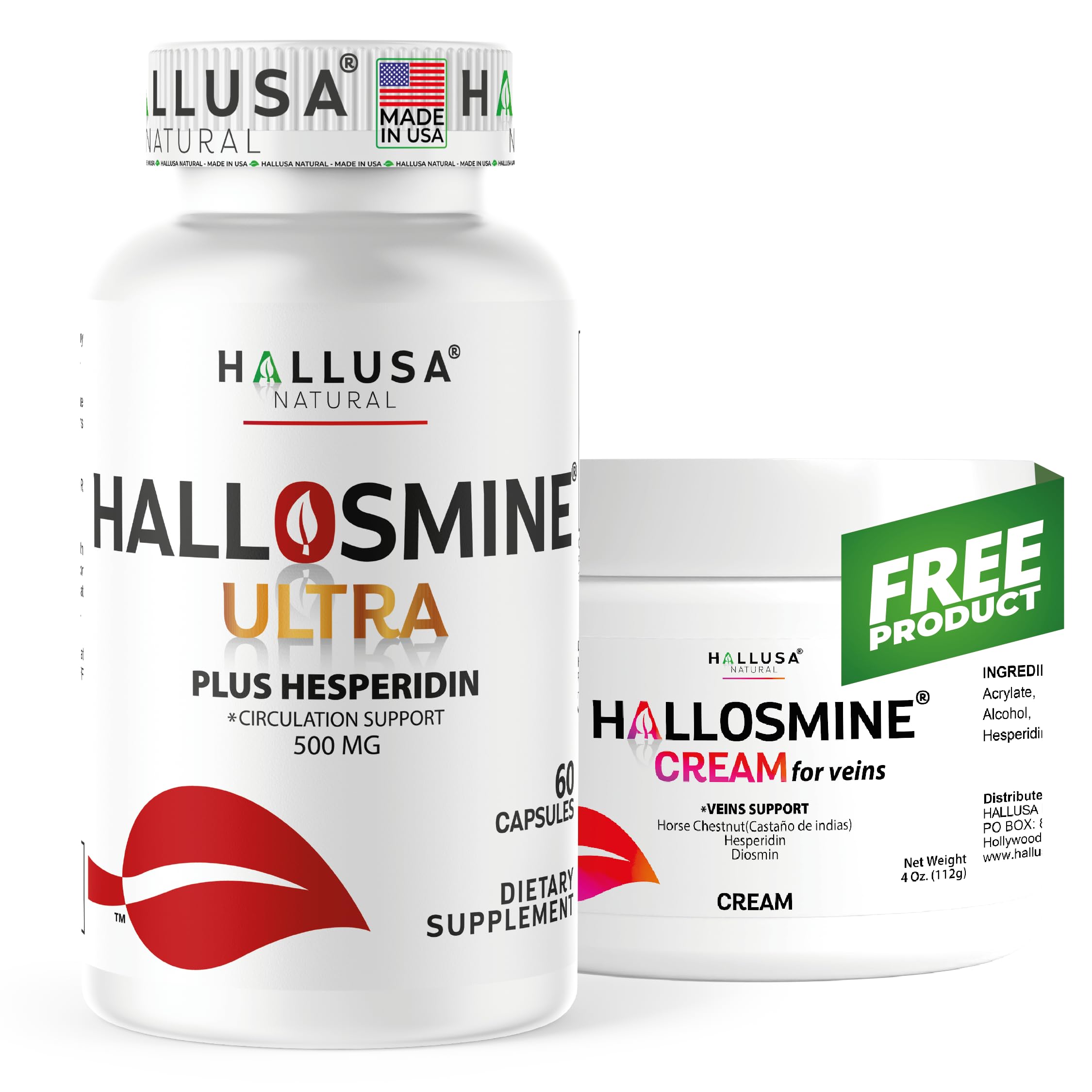 Hallosmine Ultra 650mg Diosmin Hesperidin, 60 Capsules + FREE Leg Cream with Diosmin, Hesperidin & Horse Chestnut, 4 oz | Blood Circulation & Vein Support Supplement, GMO Free, Gluten Free Hallusa NaturalAu supplements