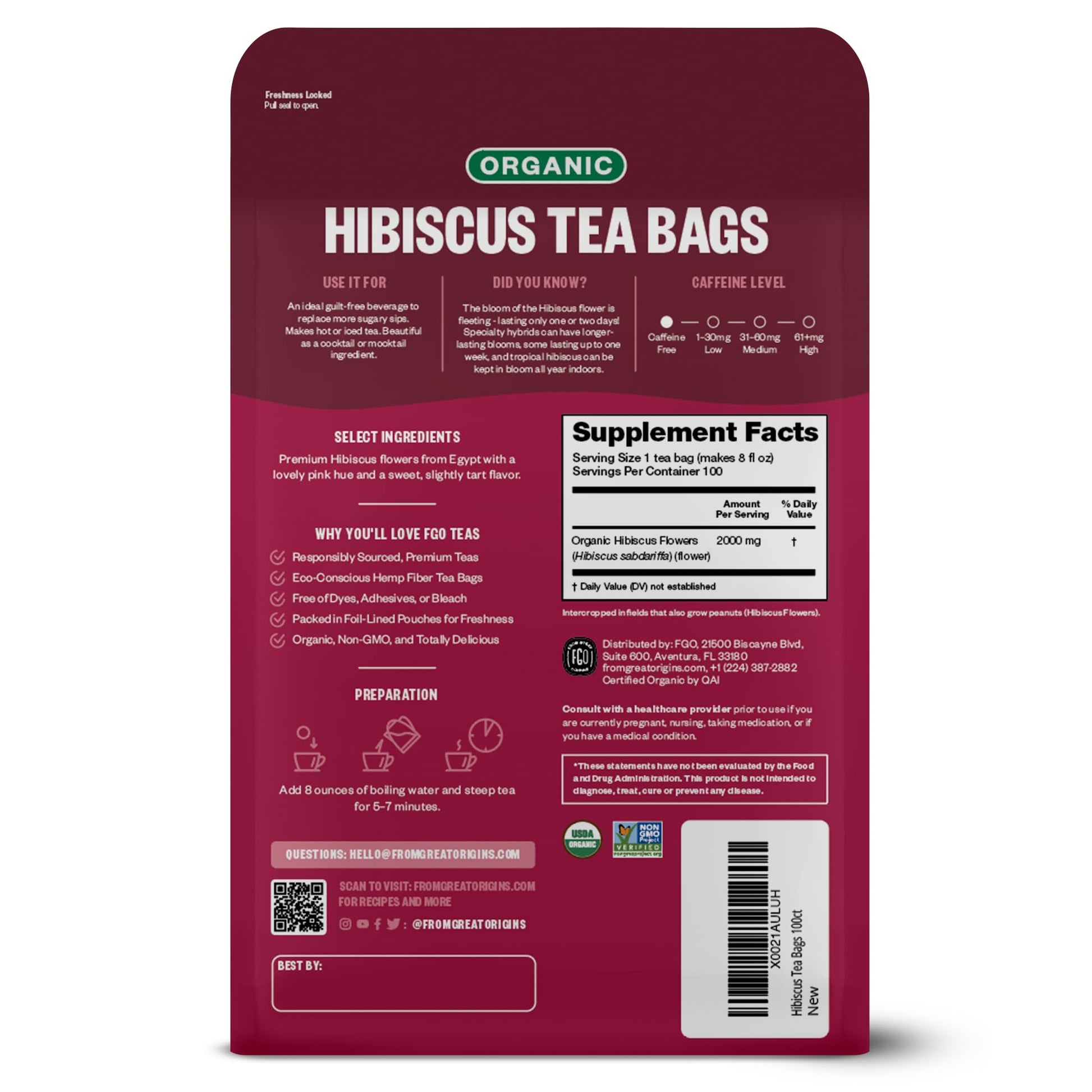 FGO Organic Hibiscus Tea, Eco-Conscious Tea Bags, 100 Count, Packaging May Vary FGOUS supplements