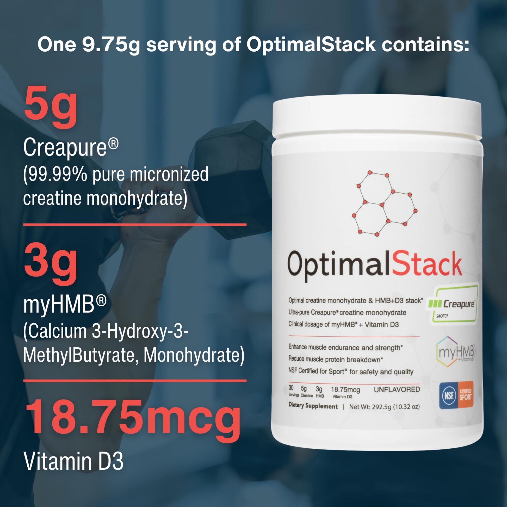 OptimalStack Creatine Monohydrate, HMB, & Vitamin D3 Stack | with Creapure Creatine, Clinical Dosage of myHMB, and Vitamin D3 | NSF for Sport Certified | Unflavored, 30 Servings OptimalAminoAu supplements