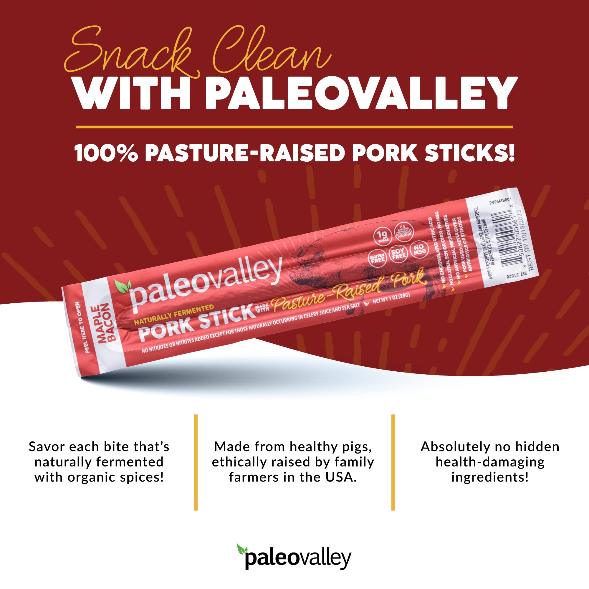 Paleovalley Pasture-Raised Pork Sticks - Maple Bacon Flavor Meat Sticks Individually Wrapped, 28g - 10 Sticks - Gluten-Free Protein Snack PaleovalleyUS supplements