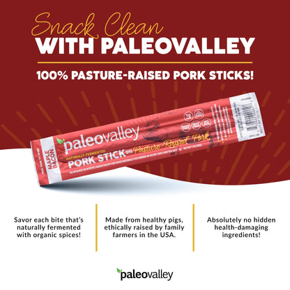 Paleovalley Pasture-Raised Pork Sticks - Maple Bacon Flavor Meat Sticks Individually Wrapped, 28g - 10 Sticks - Gluten-Free Protein Snack PaleovalleyUS supplements