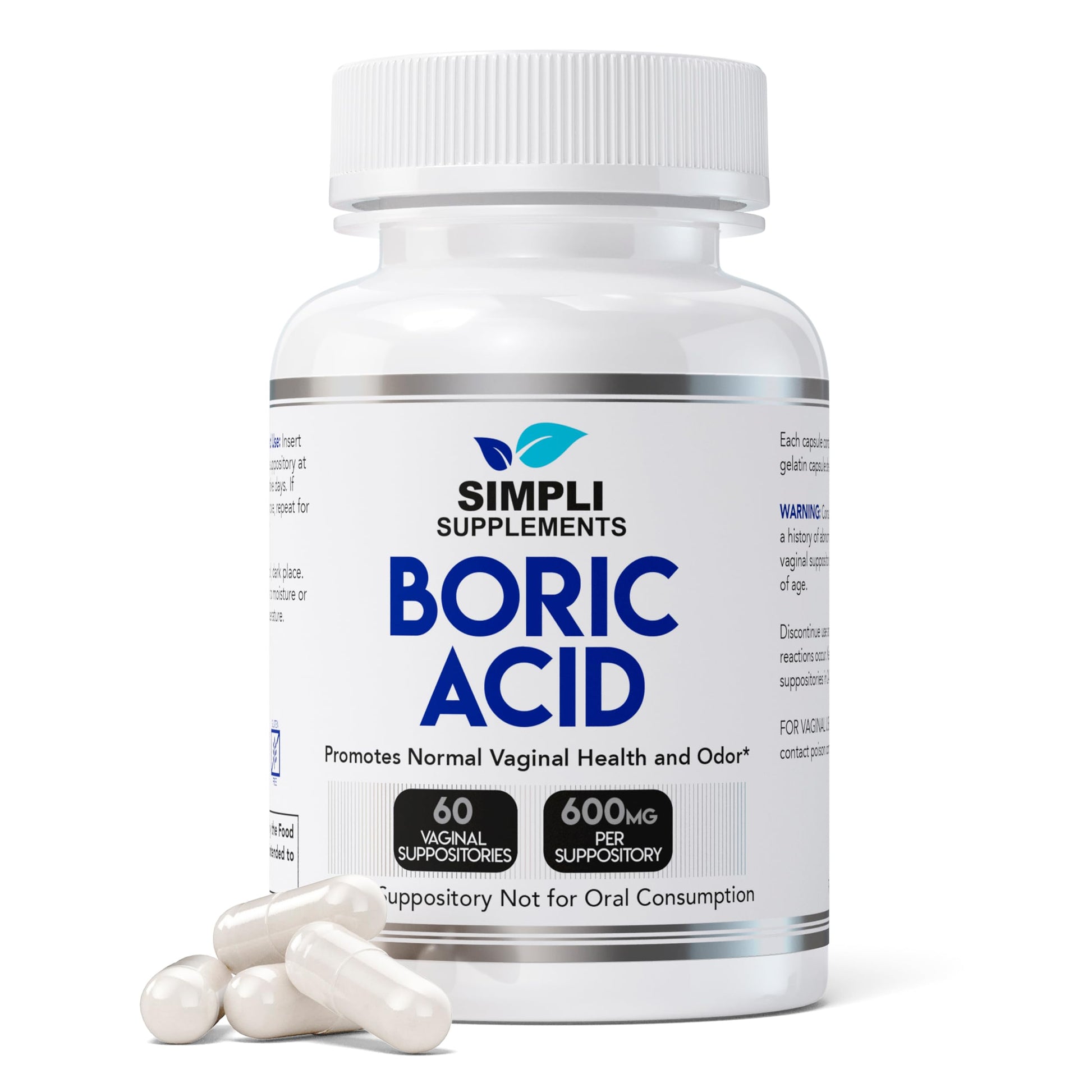 Simpli Supplements Boric Acid Suppositories for Women 600mg – 60 Count | Vaginal pH Balance Support | Feminine Care | Helps Maintain Freshness & Odor Control Simpli SupplementsUS supplements