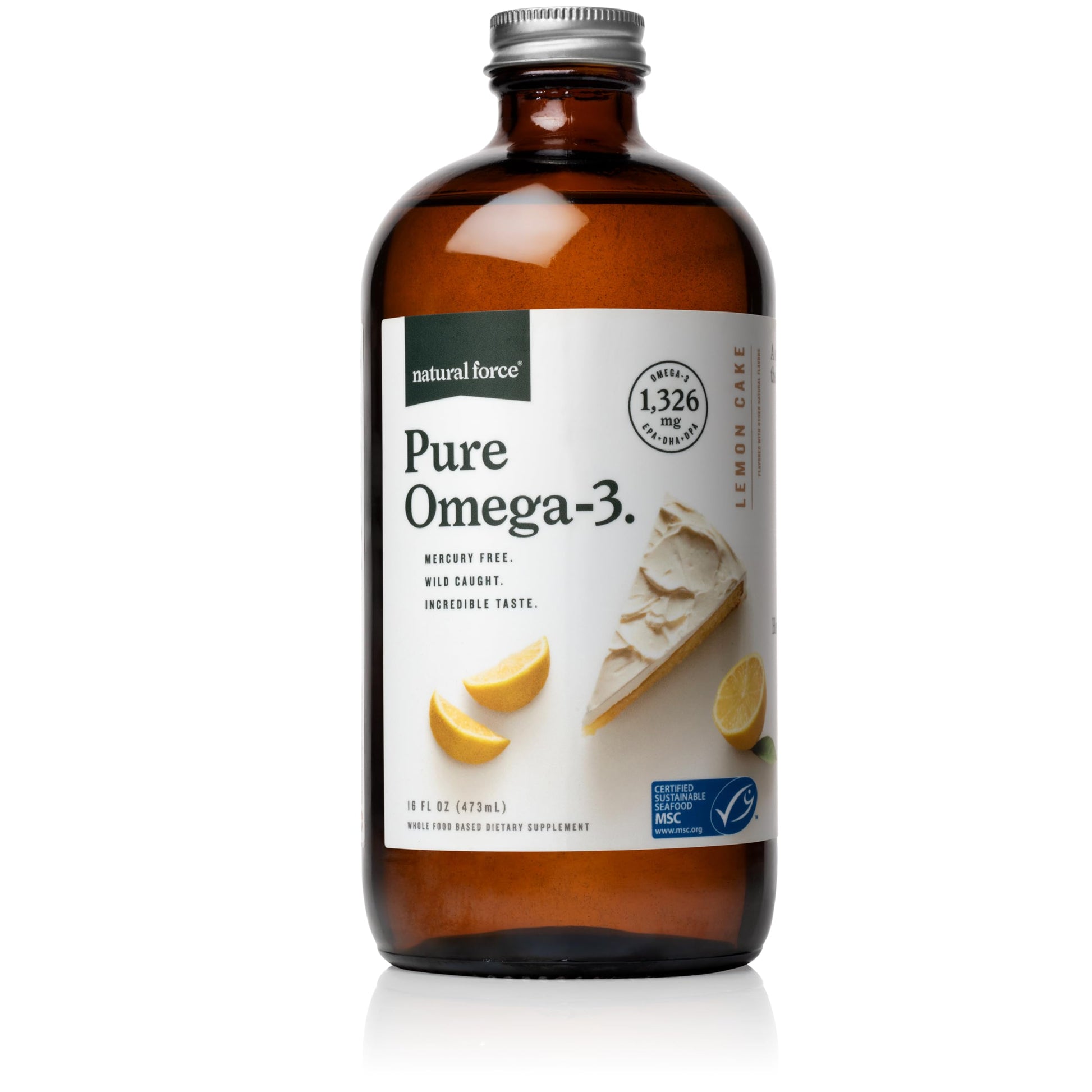 Natural Force Pure Omega 3 - Liquid Fish Oil - Delicious Lemon Cake Flavor - Mercury Free, Wild Caught, Lab Tested - 1,326 mg Triglyceride EPA, DHA, & DPA - 16 Oz Glass Bottle Natural ForceAu supplements