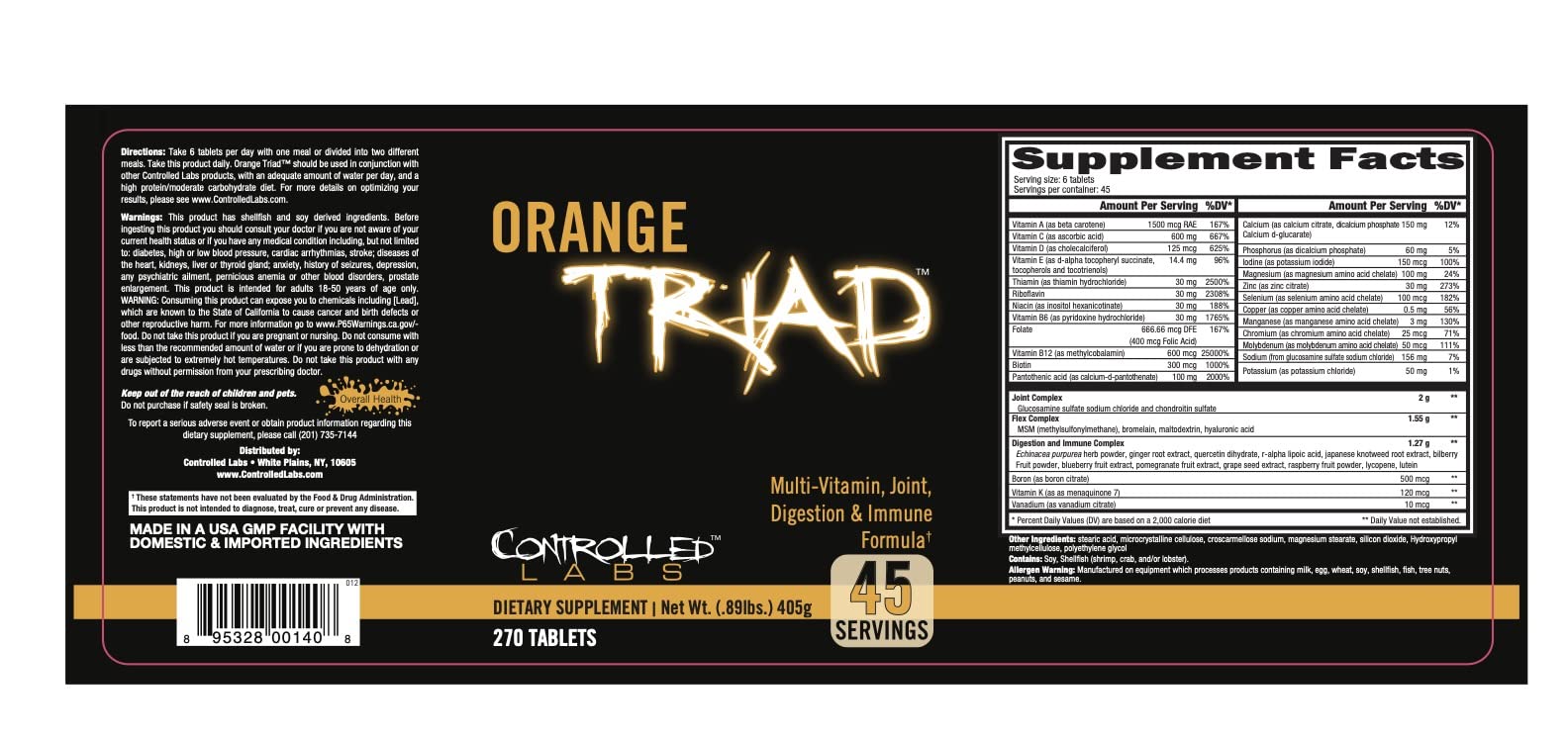 CONTROLLED LABS Orange Triad Daily Multivitamin, Iron Free Sports Supplement for Workout, Digestion, Immune, and Joints, 45 serv - Tablets (270 Count (Pack of 1)) CONTROLLED LABSAu supplements