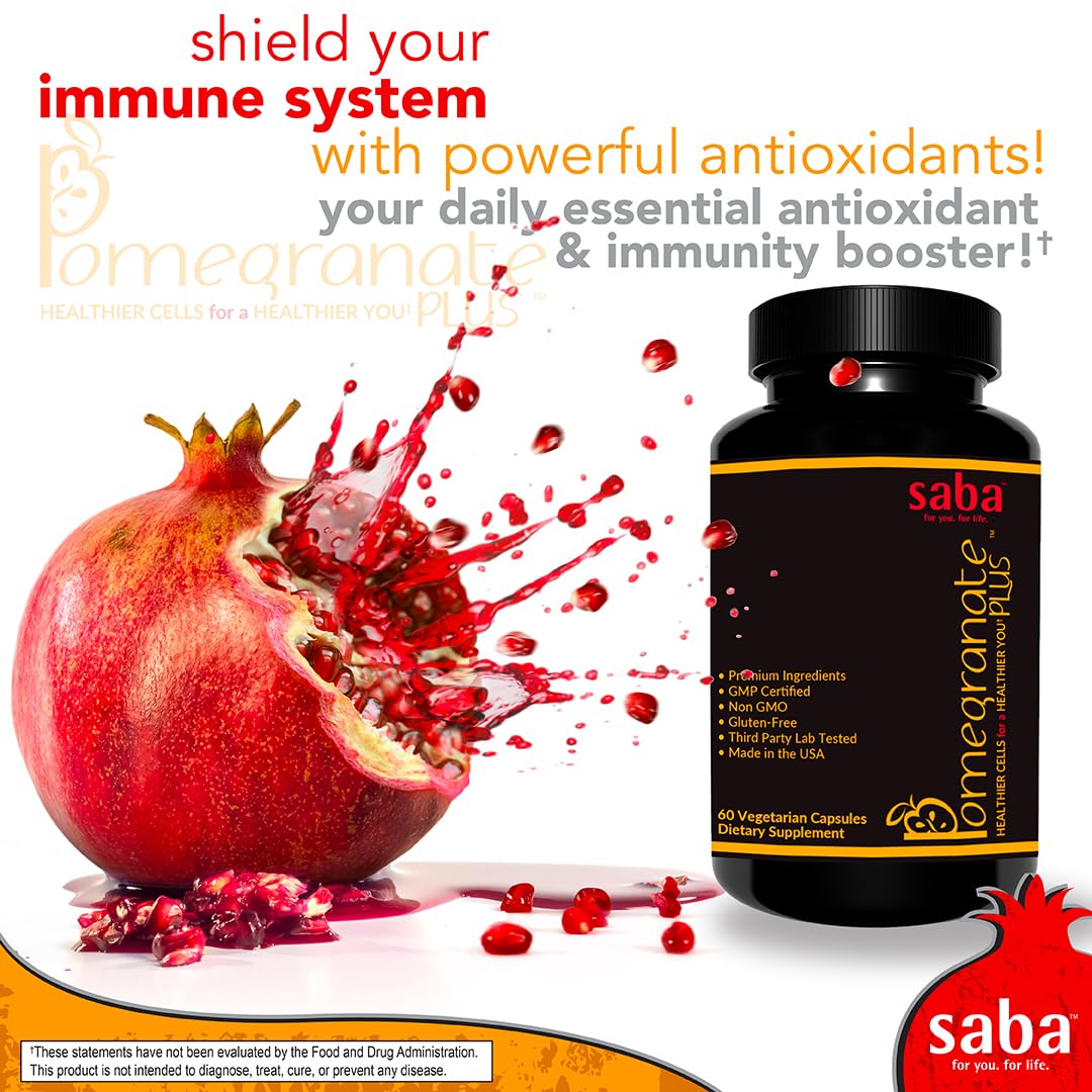 Saba Pomegranate Plus – Antioxidant Supplement with Astaxanthin & Adaptogens | Immune, Skin, Heart & Brain Support | Daily Stress & Cellular Wellness | 60 Capsules SabaAu supplements