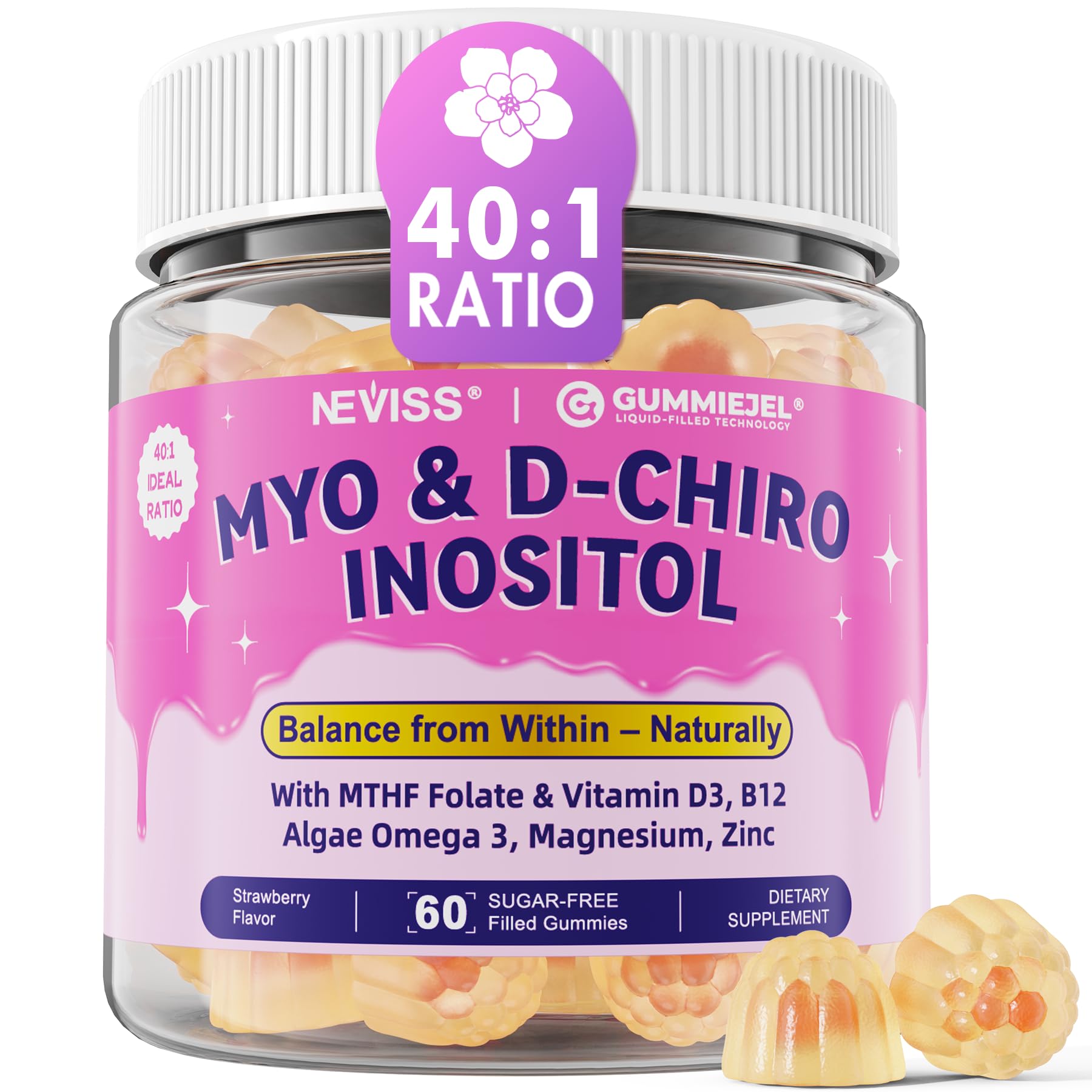 Myo-Inositol & D-Chiro Inositol, Hormone Balance for Women | Sugar Free Inositol Gummies w/Omega 3, MTHF Folate, Vitamin D3, B12, Magnesium & Zinc for Ovarian Health, Ideal 40:1 Ratio, Vegan, 60 Cts NEVISSAu supplements