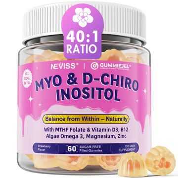 Myo-Inositol & D-Chiro Inositol, Hormone Balance for Women | Sugar Free Inositol Gummies w/Omega 3, MTHF Folate, Vitamin D3, B12, Magnesium & Zinc for Ovarian Health, Ideal 40:1 Ratio, Vegan, 60 Cts NEVISSAu supplements
