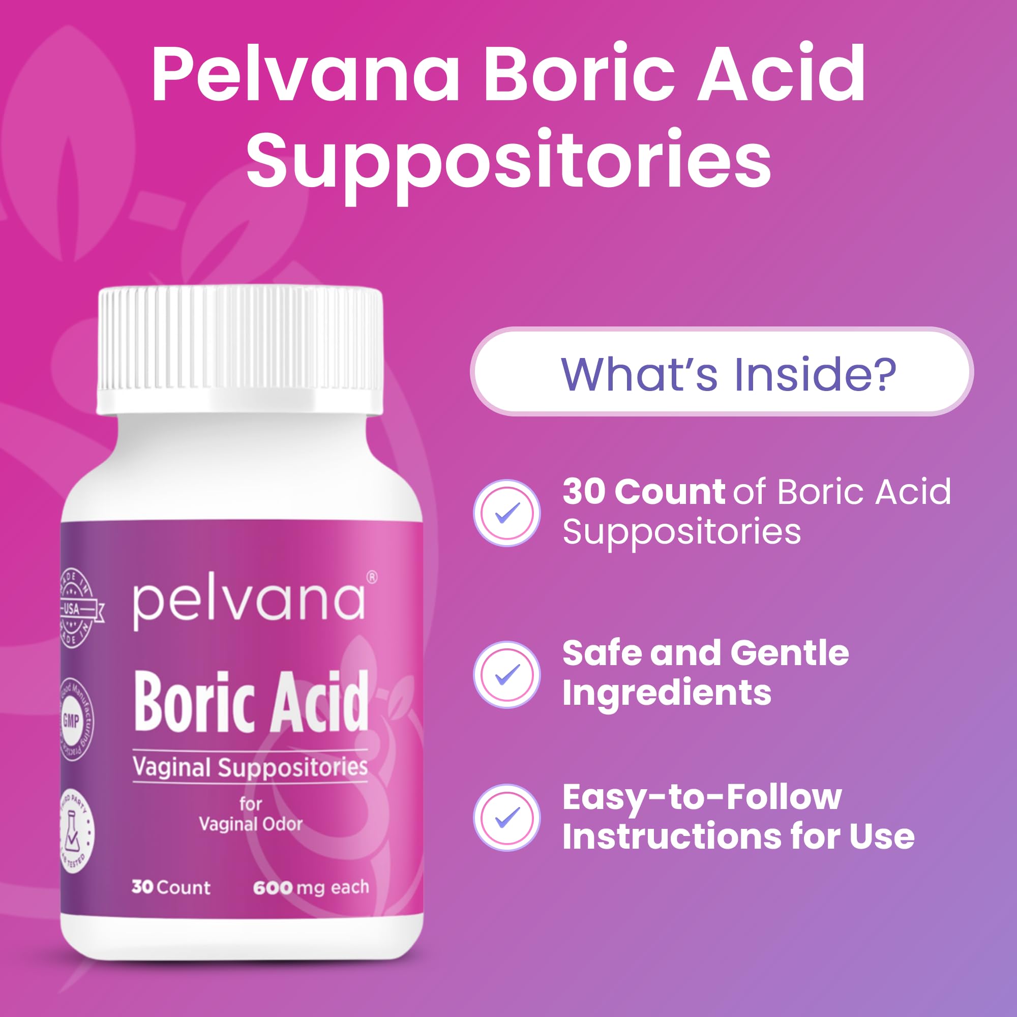 Pelvana Boric Acid Suppositories for Women - 30 Count - 600mg Boric Acid Capsules for Vaginal Odor Use PelvanaUS supplements