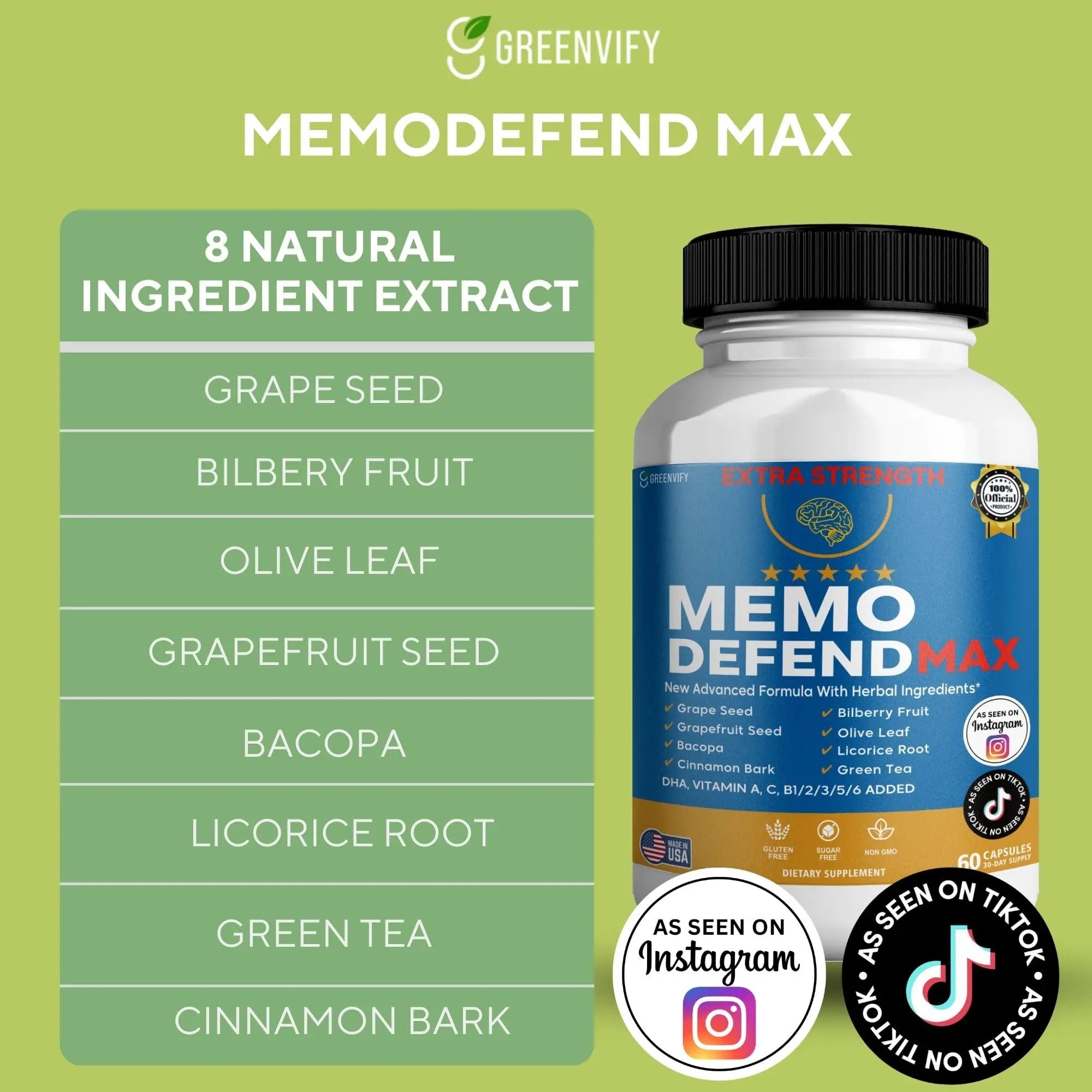 Memo Defend Max Memory Support Supplement, 60 Capsules, with Vitamins A C D E B Complex, DHA, Bacopa, Grapefruit Seed (1) GREENVIFYnz supplements