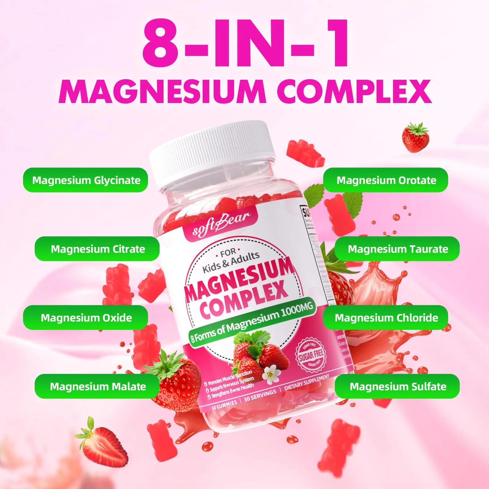 softbear Magnesium Complex Gummies for Women & Men & Kids, 8 in 1 Magnesium Complex Supplement 1000mg-Magnesium Glycinate,Citrate,Malate Supports Calm, Zzz, Muscle Cramp, Strawberry Flavor 120 Count softbearnz supplements
