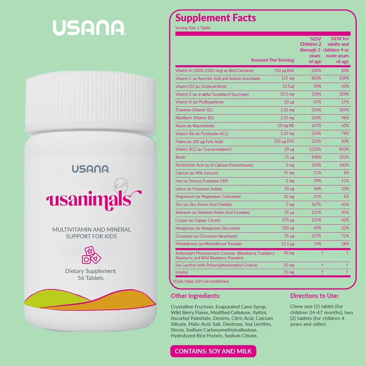 USANA Usanimals Multivitamin for Kids - Daily Chewable Tablets with Vitamins A, C, D, E, B6, B12, Zinc, Iron - Supports Immune, Bone & Brain Health USANAAu supplements