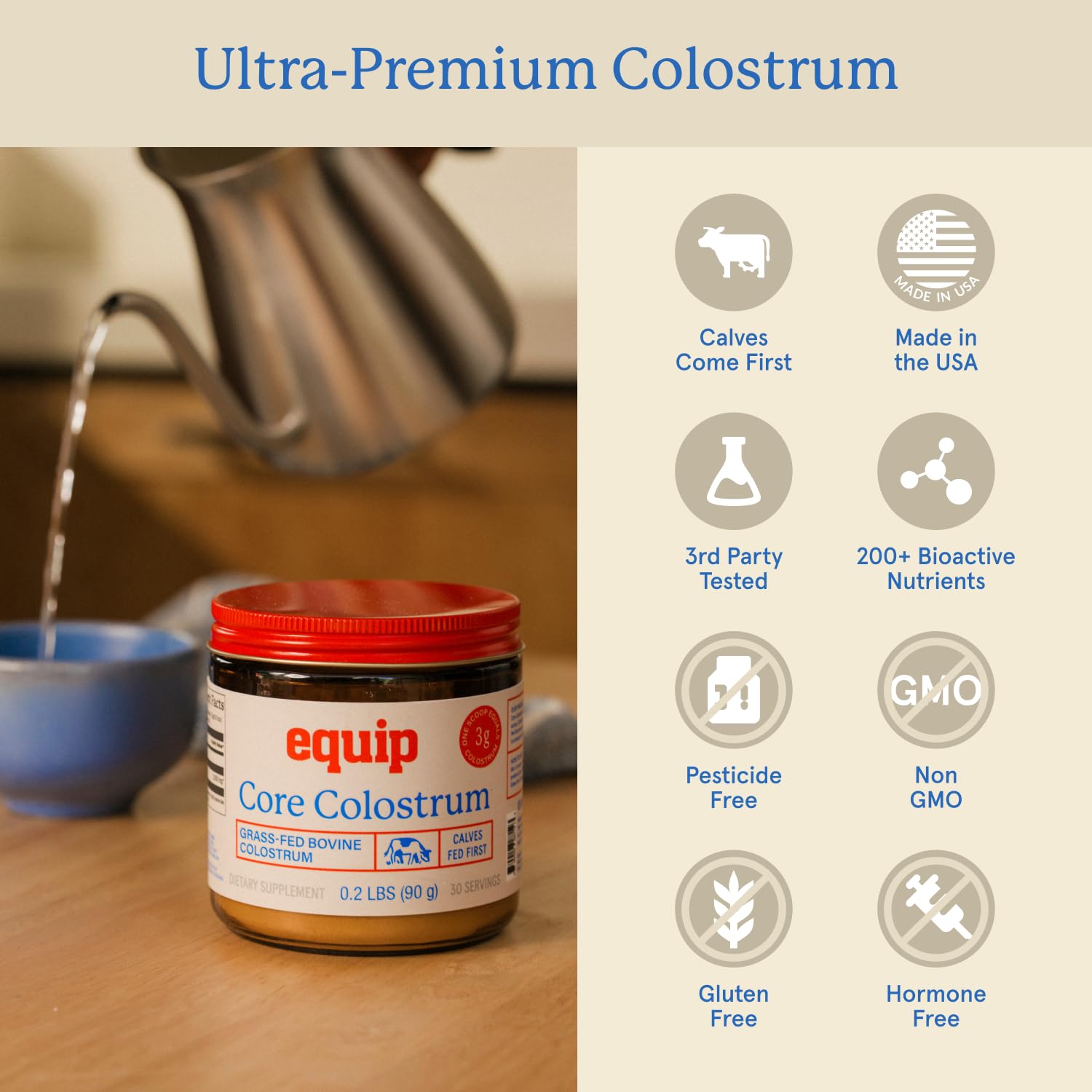 Equip Foods Core Bovine Colostrum Powder - 3,000mg Grass Fed Colostrum Supplement - Gut Health, Immunity, Recovery Lactoferrin Supplements - Keto Friendly Bovine Colostrum, 30 Servings, Unflavored EquipAu supplements