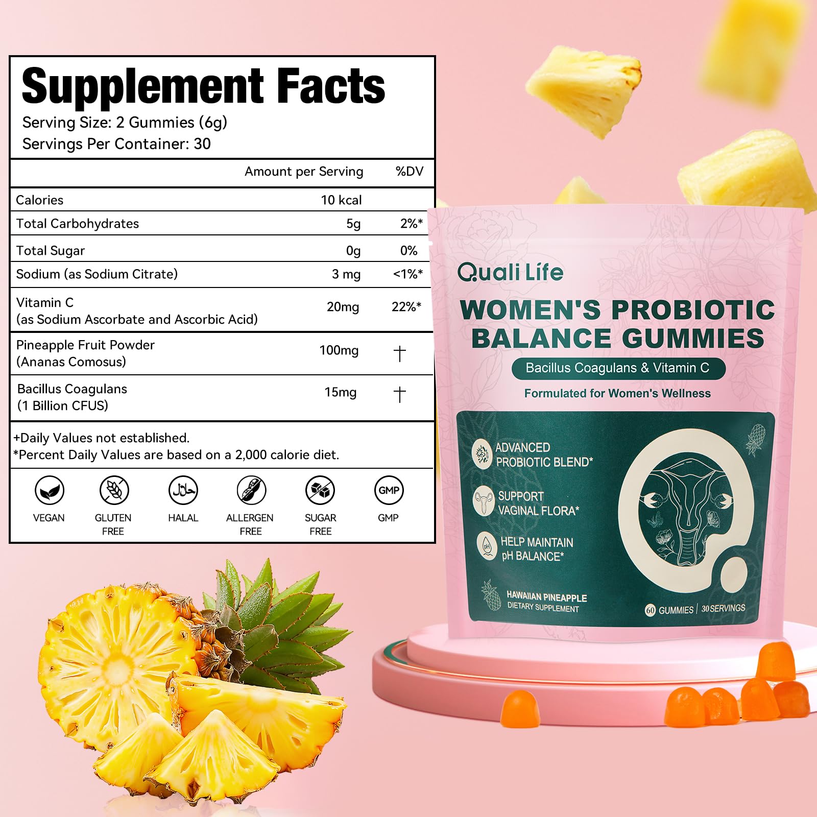 QualiLife Premium Feminine Balance Gummies for Women – Probiotic Vaginal Health Support with Vitamin C – pH Balance & Flora Support – Sugar Free, Vegan, Hawaiian Pineapple Flavor – 60 Gummies (1) QualiLifeAu supplements