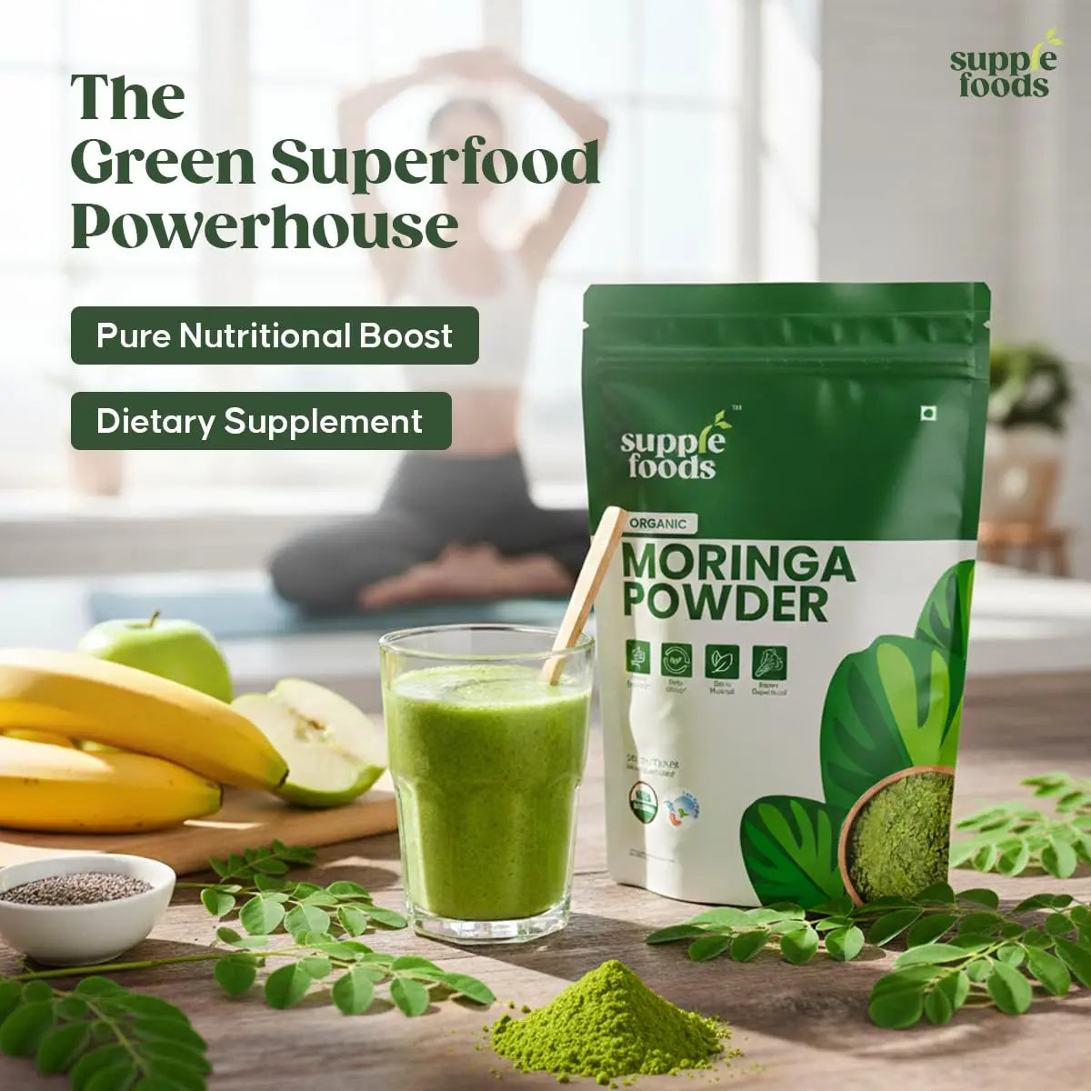 supplefoods Organic Moringa Powder 200 g / 7.05 oz | 100% Natural Green Superfood | Assists Digestion & Daily Detox | Finely Milled Moringa Leaf Powder | USDA Certified Organic Dietary Supplement supplefoodsnz supplements