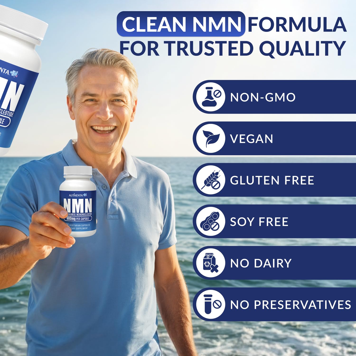 NMN Supplement 600 mg/Capsule Once Daily | 99% Pure Beta Nicotinamide Mononucleotide | Potent NAD⁺ Precursor | Supports Cellular Energy & Metabolism | Vegan, Non-GMO, Third-Party Tested & Gluten-Free AUTHENTAAu supplements