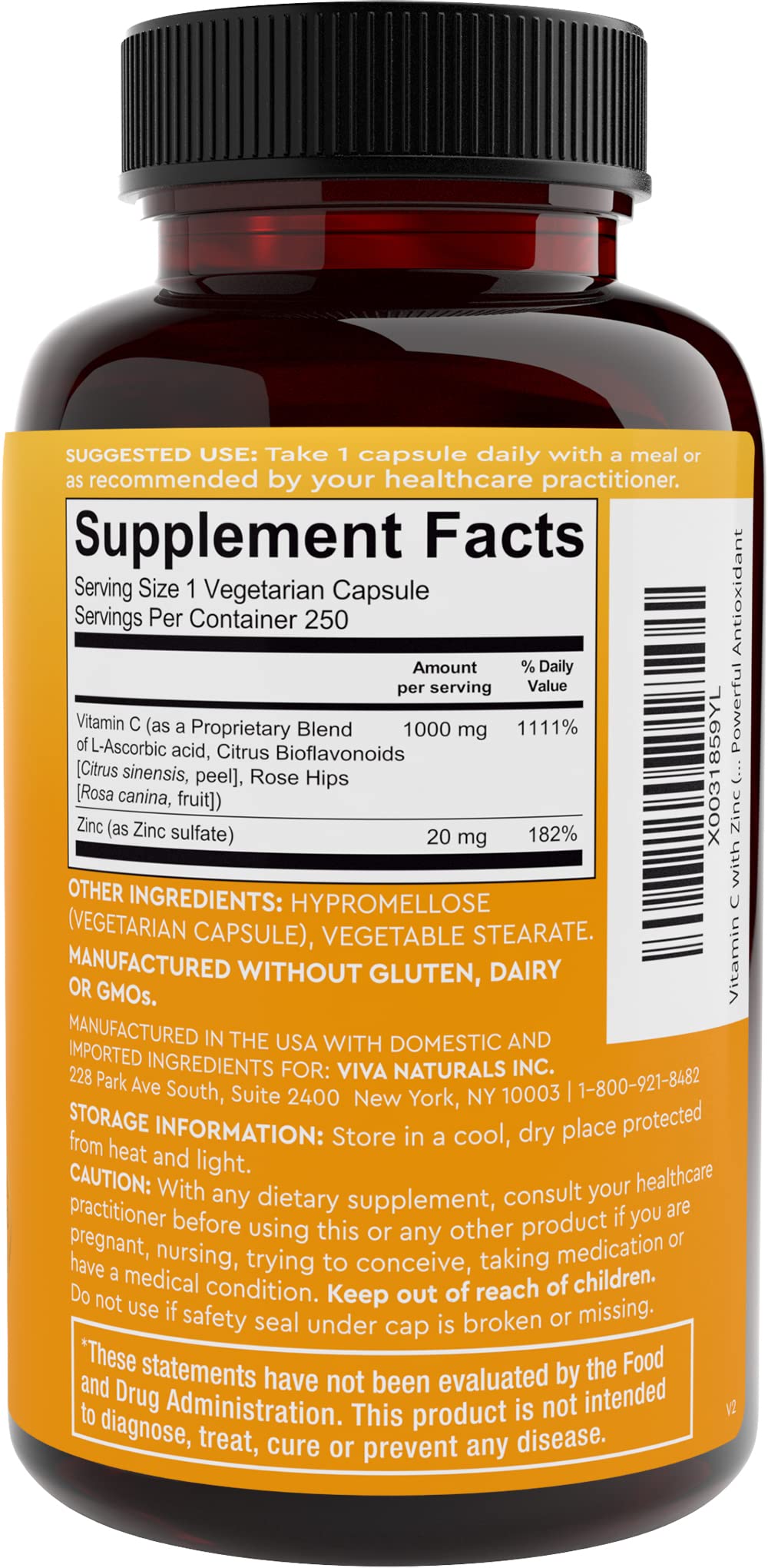 Viva Naturals Vitamin C and Zinc Supplement (250 Capsules) - 1000 mg Vitamin C with Zinc 20 mg Antioxidant Supplements for Immune Support, Vitamin Supplement for Adults Viva NaturalsAu supplements