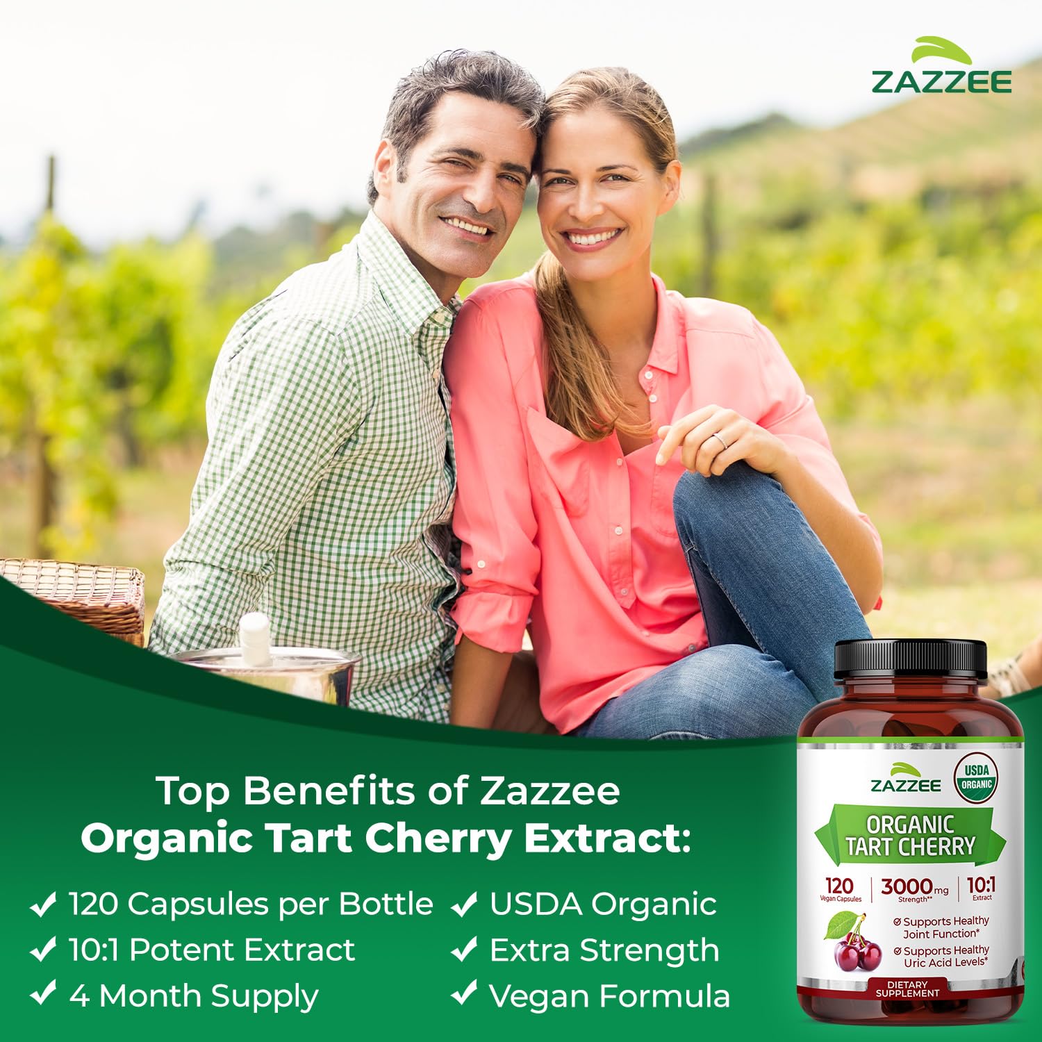 Zazzee USDA Organic Tart Cherry 10:1 Extract, 120 Vegan Capsules, 4 Month Supply, Montmorency Cherry, Daily Wellness Antioxidant Support, Organic Herbal Supplement, All-Natural, Non-GMO, Made in USA ZazzeeAu supplements