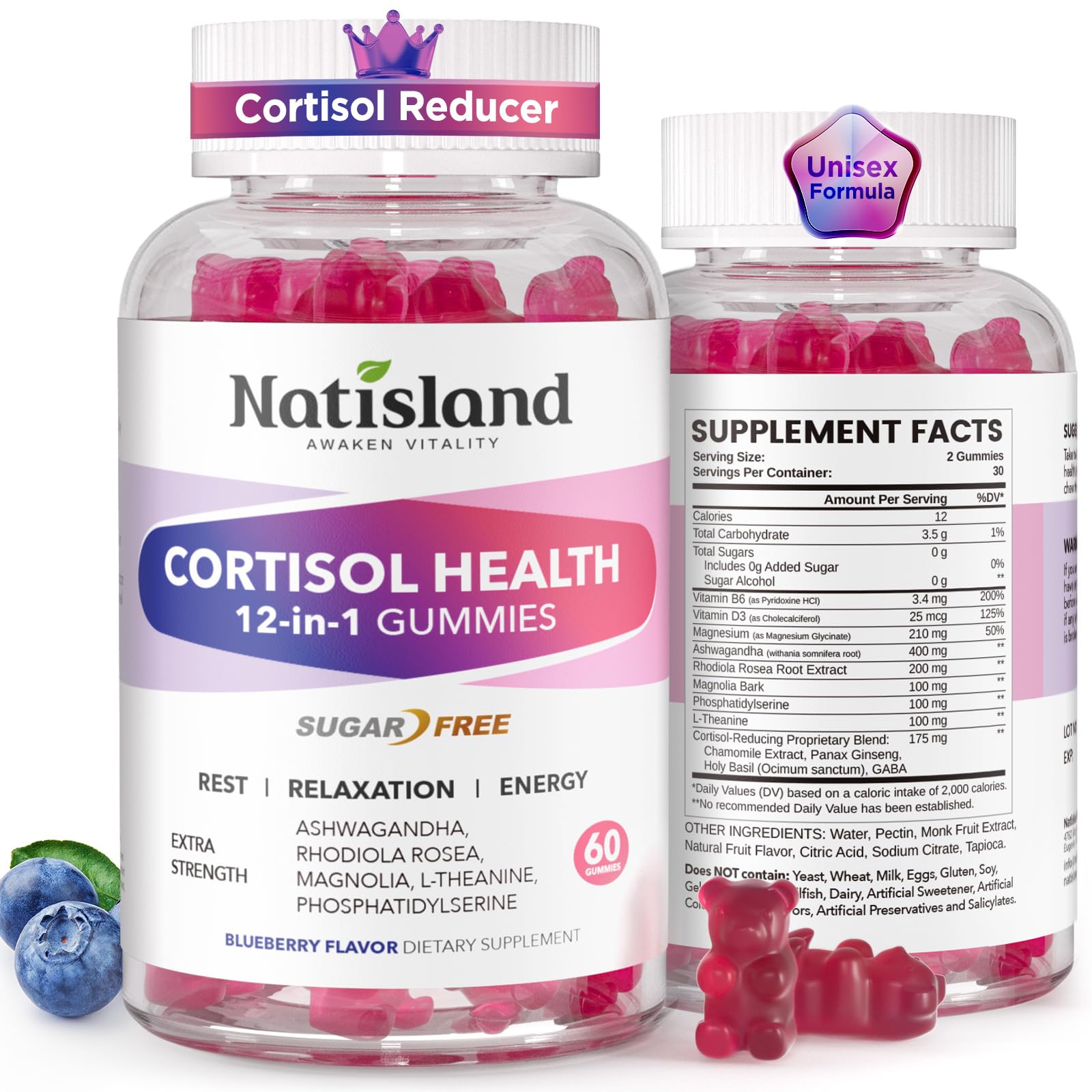 Cortisol Gummies, 12-in-1 Cortisol Reducer, with Magnesium Glycinate, Ashwagandha, L-Theanine, Phosphatidylserine, Vitamin B6 & D3, Rhodiola Rosea, for Men & Women, Sugar-Free, Vegan, NON-GMO, 60CT NATISLANDAu supplements