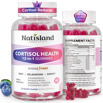Cortisol Gummies, 12-in-1 Cortisol Reducer, with Magnesium Glycinate, Ashwagandha, L-Theanine, Phosphatidylserine, Vitamin B6 & D3, Rhodiola Rosea, for Men & Women, Sugar-Free, Vegan, NON-GMO, 60CT NATISLANDAu supplements