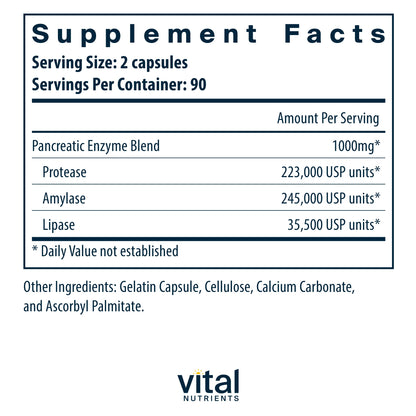 Vital Nutrients Pancreatic Enzymes 1000mg (Full Strength) | Pancreatin Digestion Supple Vital NutrientsUS supplements