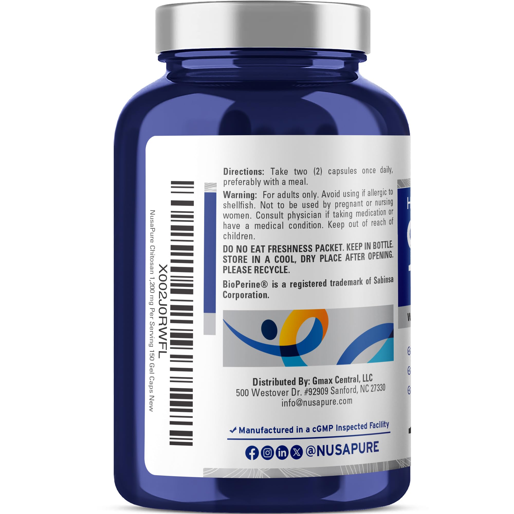 NusaPure Chitosan 1200mg 150 Caps (Non-GMO & Soyfree) with Bioperine NusaPureAu supplements
