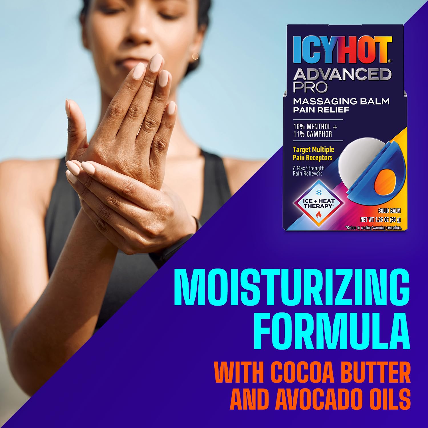 Icy Hot Advanced PRO Pain Relief Massaging Balm, Fast-Acting Max Strength Pain Relief With Menthol 16% and Camphor 11% for Backaches, Joints, Muscle Strains and Arthritis, Essential Oil Scent, 1.25 oz Icy HotAu supplements