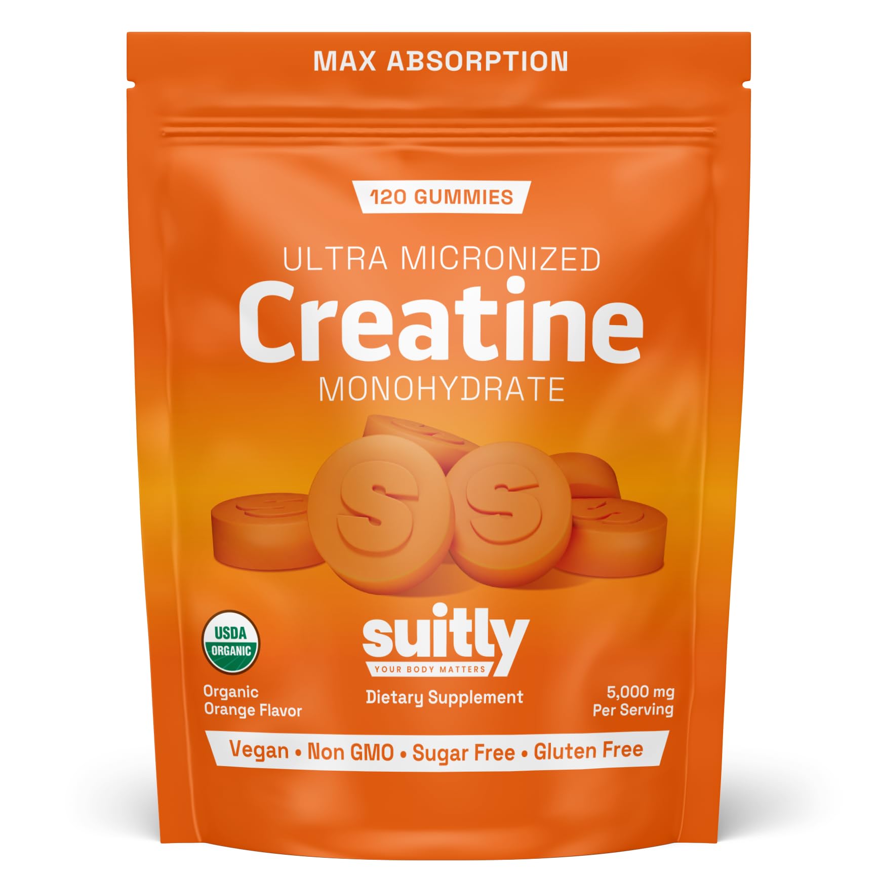 USDA Organic Ultra-Micronized Creatine Gummies for Men & Women; Orange Max Absorption 5g Creatine Gummies Sugar Free for Muscle Gain, Energy & Recovery; Muscle Builder for Women with Pouch - 120 Count SuitlyAu supplements