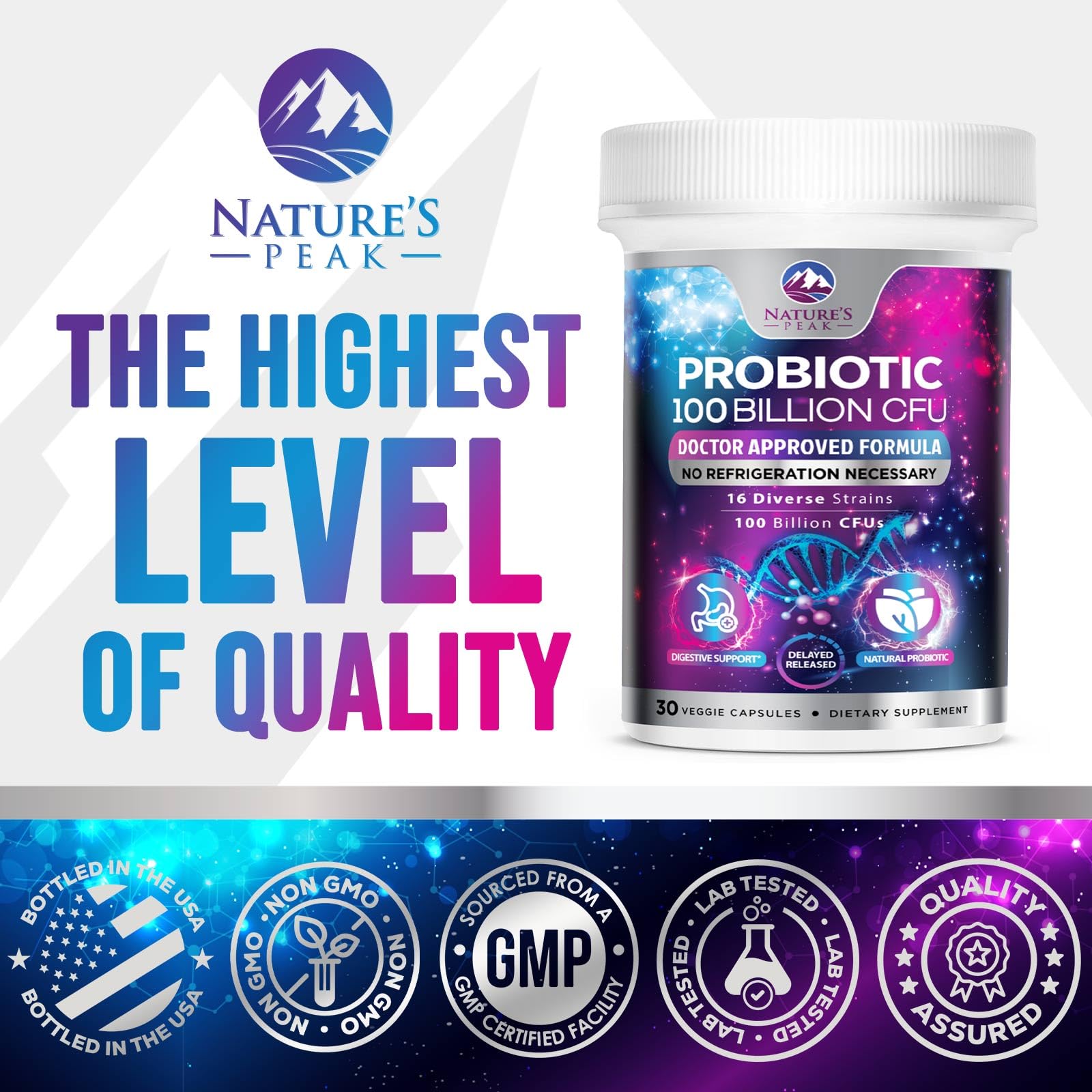 Probiotics 100 Billion CFU - 16 Premium Strains + Prebiotics - Best Probiotics for Women & Men - Supports Immune, Digestive & Gut Health, Supports Occasional Constipation, Gas & Bloating - 30 Capsules Nature's PeakAu supplements