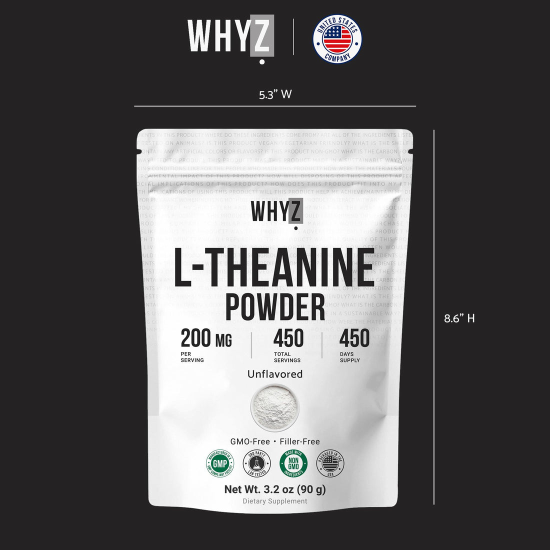Pure L-Theanine Powder Unflavored Amino Acid Supplement Powder from Fine L-Theanine for Smooth Mixing Vegan Friendly Non-GMO No-Additives for Smoothies Drinks and Daily Nutrition Support, 3.2 oz (90g) WHYZAu supplements