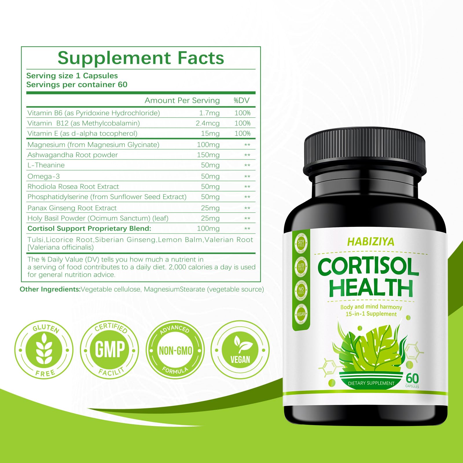 HABIZIYA Cortisol Support Supplement with Magnesium Glycinate, L-Theanine, Ashwagandha, Phosphatidylserine,Rhodiola Rosea 15-in-1 Hormone Balance for Women Men Mood, Focus, Sleep Support 60 Capsules HABIZIYAAu supplements