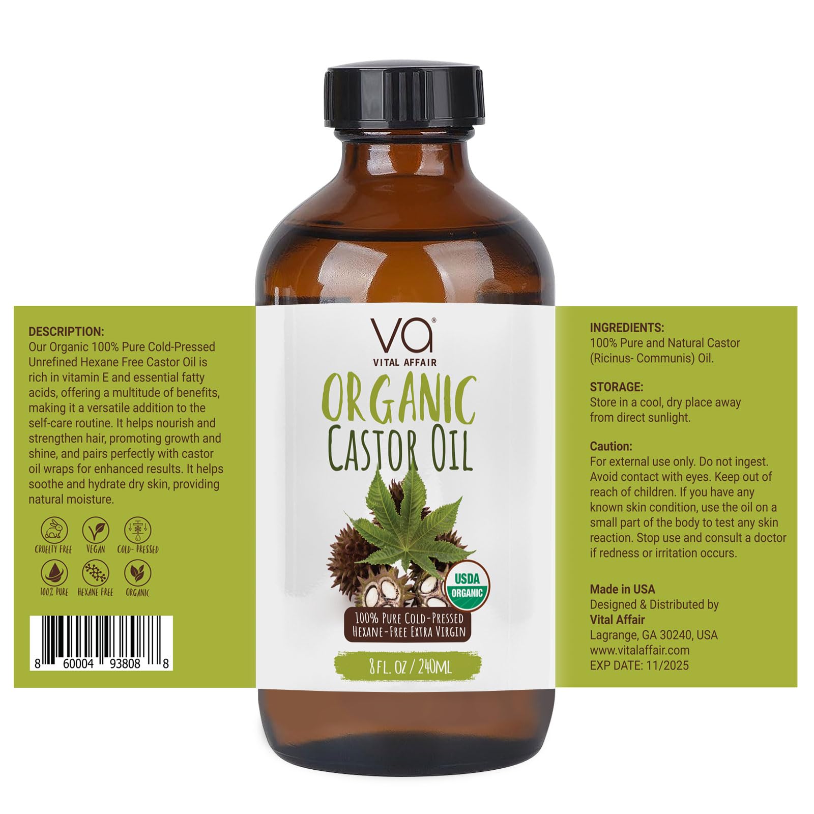 VITAL AFFAIR Castor Oil Organic Cold Pressed Unrefined Glass Bottle- USDA Certified Organic Castor Oil VITAL AFFAIRAu supplements