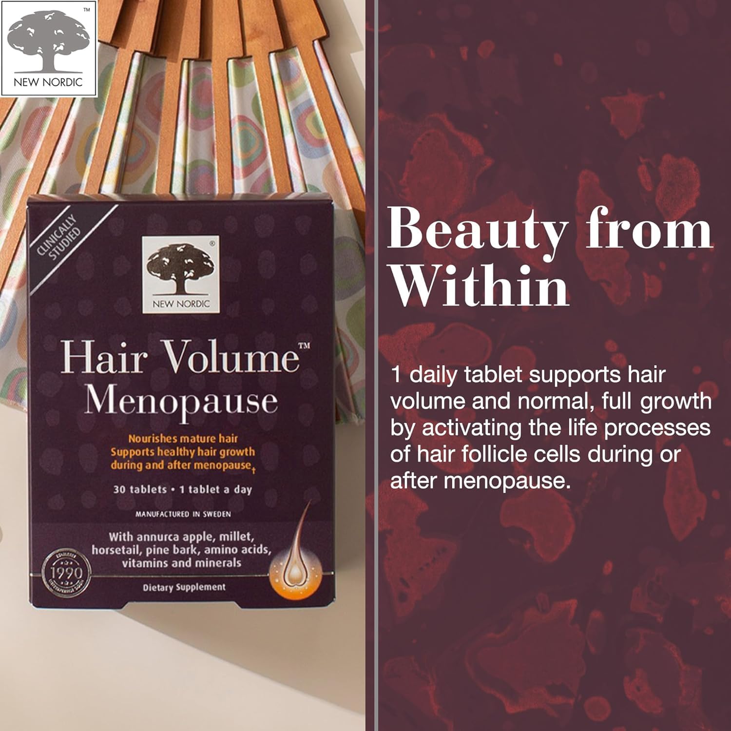 New Nordic Hair Volume Menopause, Supports Healthy Hair Growth During and After Menopause, Pine Bark and Annurca Apple Extract, 30 Tablets NEW NORDICAu supplements