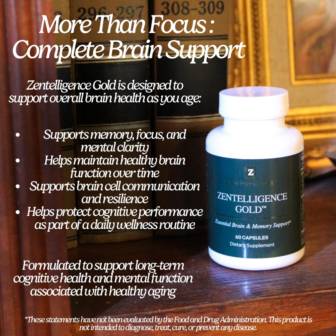 Zen Principle Zentelligence™ Gold Brain Supplement – Memory, Focus & Mental Clarity. Premium Cognitive Support for Adults 40+ with Magnesium, Vitamin D3, CoQ10, Vitamin B12 & L-Theanine. 60 Capsules Zen PrincipleAu supplements