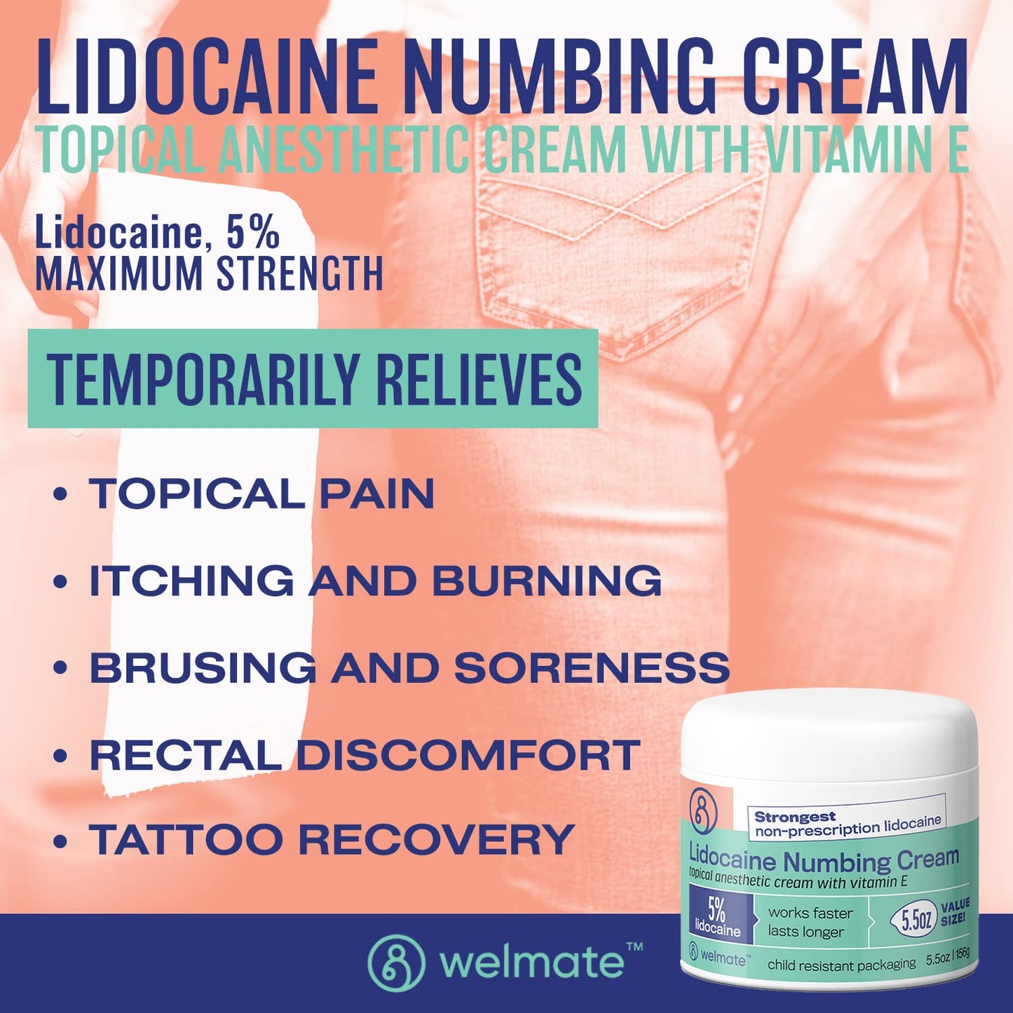 WELMATE | 5% Lidocaine | Numbing Cream Maximum Strength | Topical Anesthetic WELMATEUS supplements