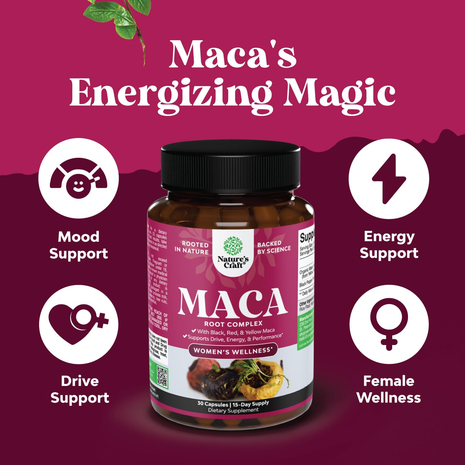 Maca Root Capsules for Women - Potent Herbal Supplement with Female Enhancing Blend of Red Yellow & Black Maca Root - Non-GMO Certified Vegan and Gluten-Free with No Artificial Colors - 30 Count Natures CraftAu supplements