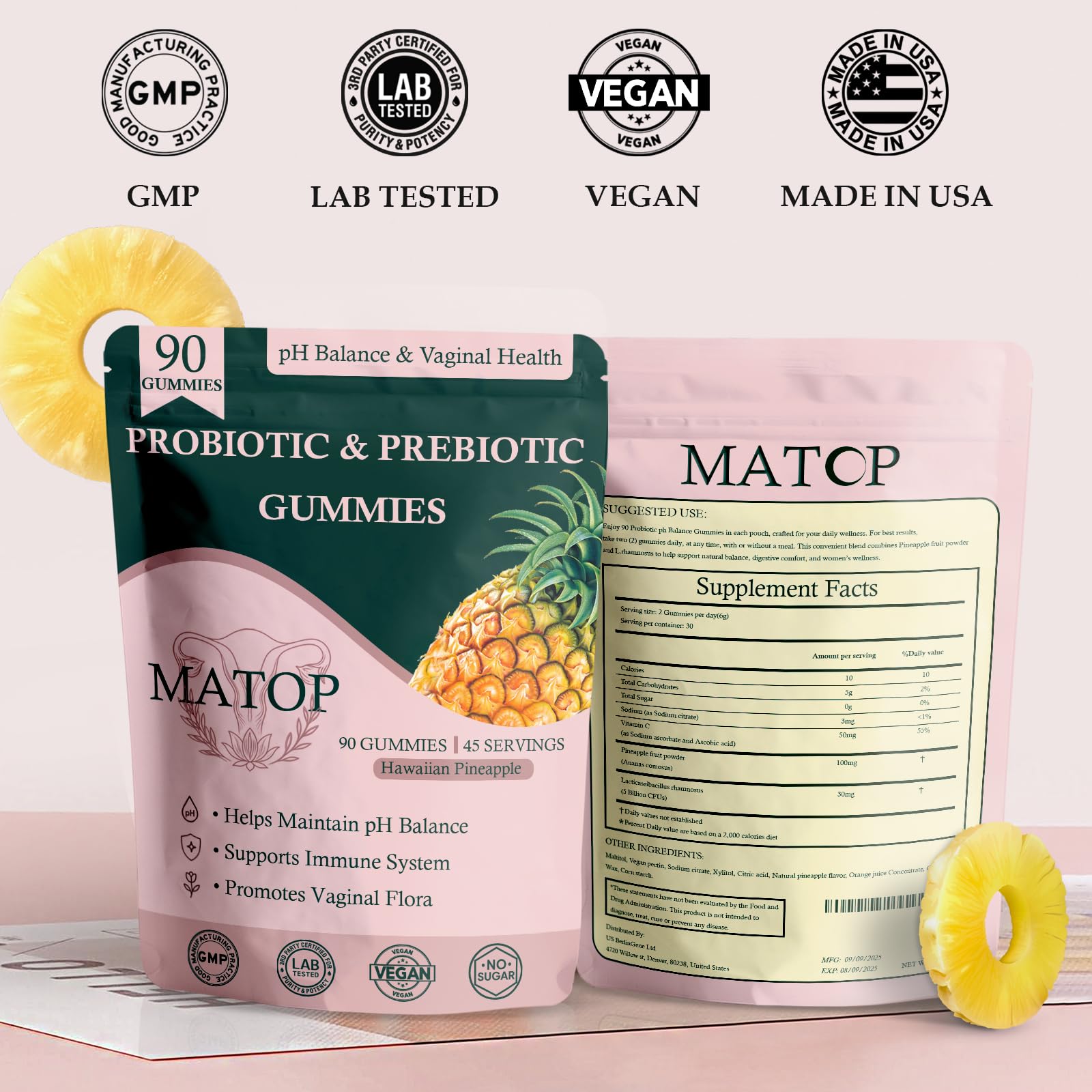 MATOP Probiotic Prebiotic pH Balance Gummies - Vaginal Health Gummies for Women Pro + Prebiotic with Pineapple Flavor, Vegan, Sugar-Free – 90 Gummies (45 Servings) MATOPAu supplements