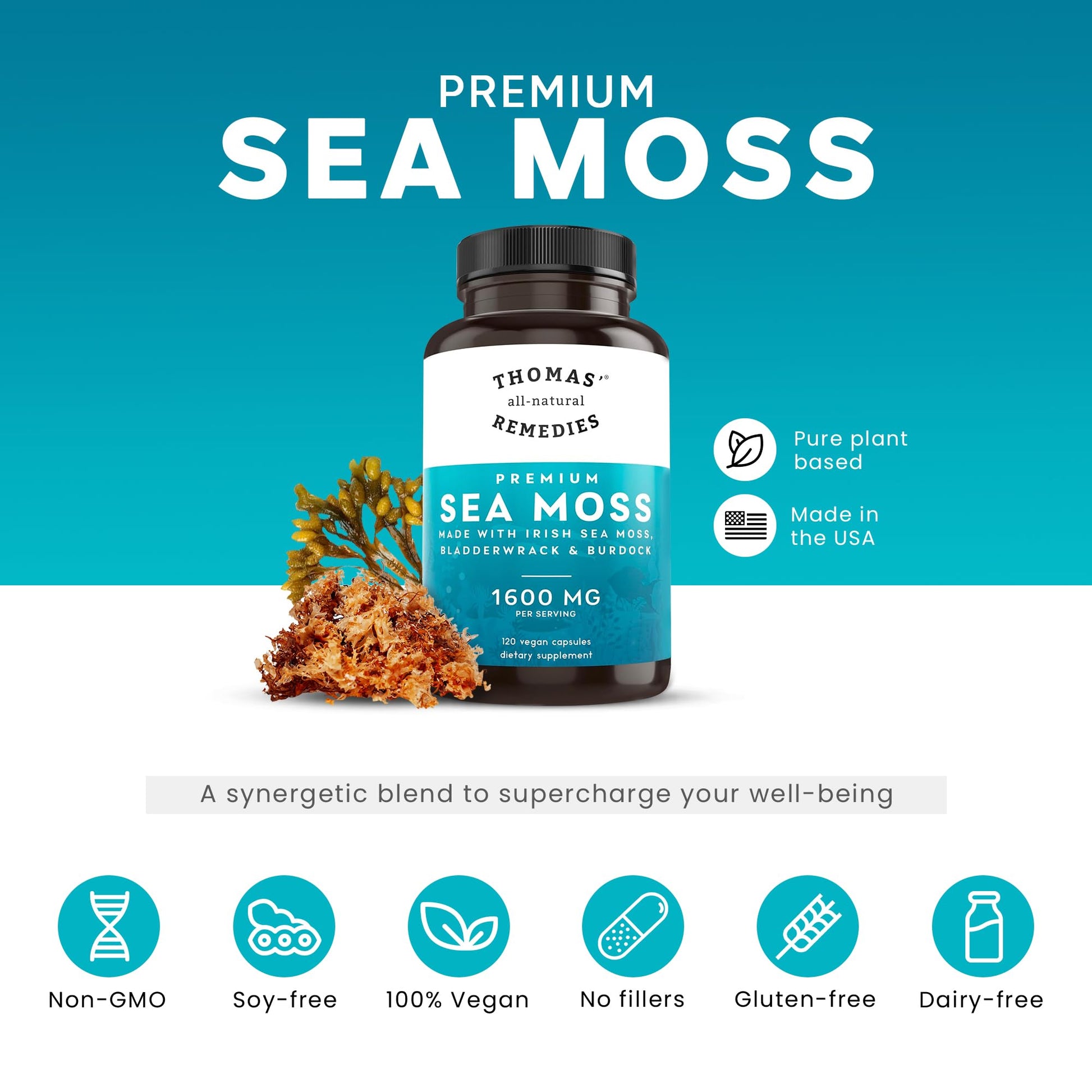 Thomas' all-natural Remedies Irish Sea Moss Capsules, Sea Moss with Bladderwrack & Burdock Root Organic for Gut Health, Digestion, Energy & Immune Support, 120 Seamoss Pills Thomas' all-natural RemediesAu supplements