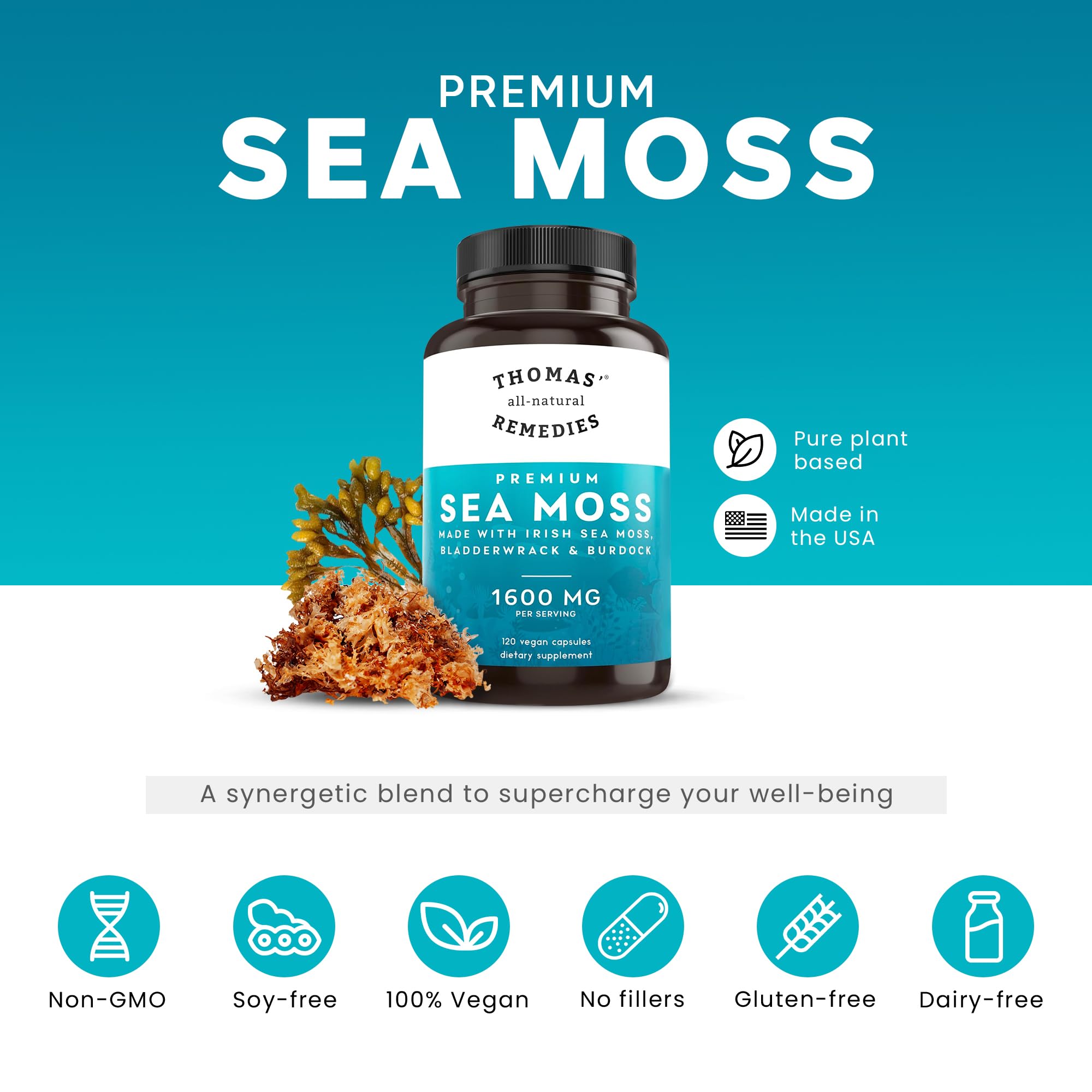Thomas' all-natural Remedies Irish Sea Moss Capsules, Sea Moss with Bladderwrack & Burdock Root Organic for Gut Health, Digestion, Energy & Immune Support, 120 Seamoss Pills Thomas' all-natural RemediesAu supplements