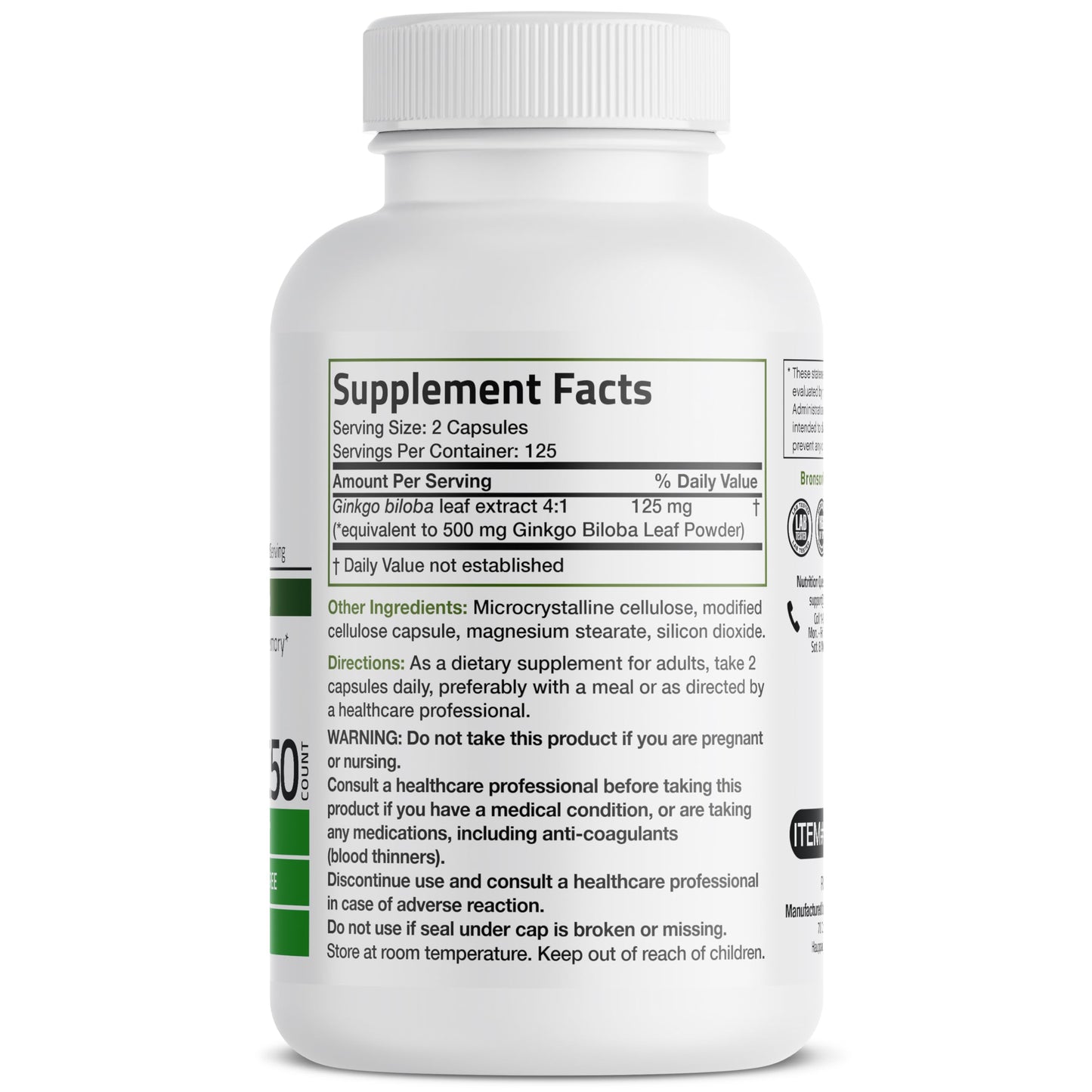 Bronson Ginkgo Biloba Extra Strength 125mg (4:1 Extract) Equivalent to 500mg BronsonUS supplements