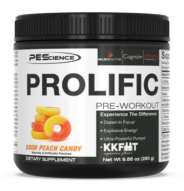 PEScience Prolific Pre Workout Powder, Sour Peach Candy, 40 Scoop, Energy Supplement PEScienceAu supplements