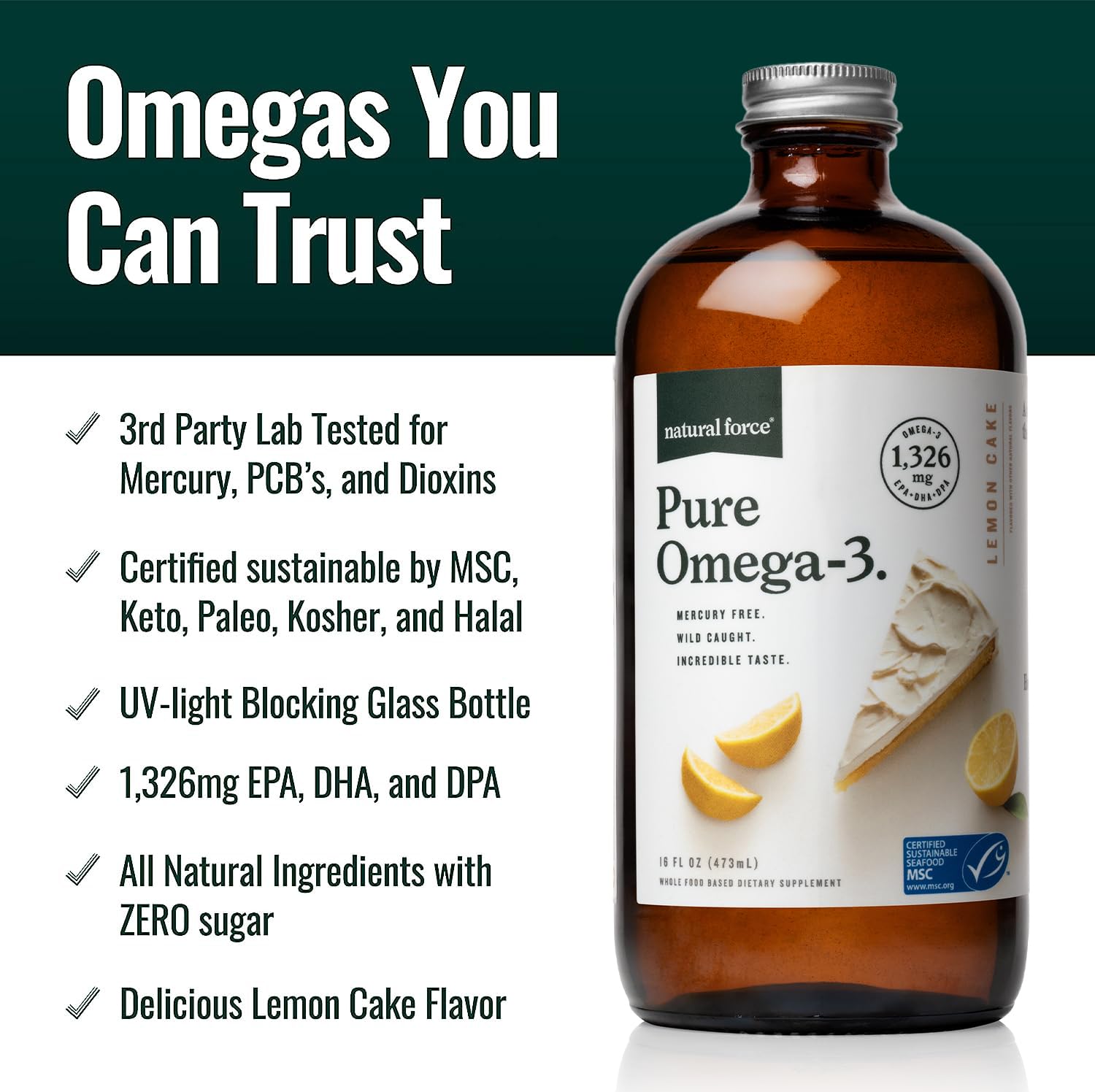 Natural Force Pure Omega 3 - Liquid Fish Oil - Delicious Lemon Cake Flavor - Mercury Free, Wild Caught, Lab Tested - 1,326 mg Triglyceride EPA, DHA, & DPA - 16 Oz Glass Bottle Natural ForceAu supplements