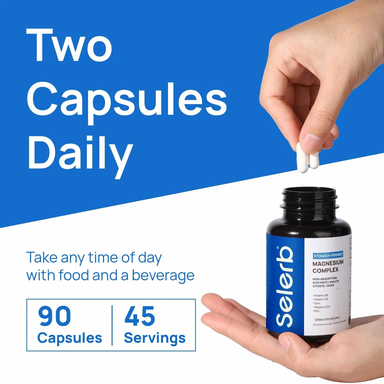 Selerb Magnesium Complex for Women and Men-Glycinate,Malate,Citrate,Oxide Supports Calm, Sleep, Muscle & Energy with D3, B6, Zinc, Slippery Elm & DGL Gentle on Stomach 90 Capsules Selerbnz supplements
