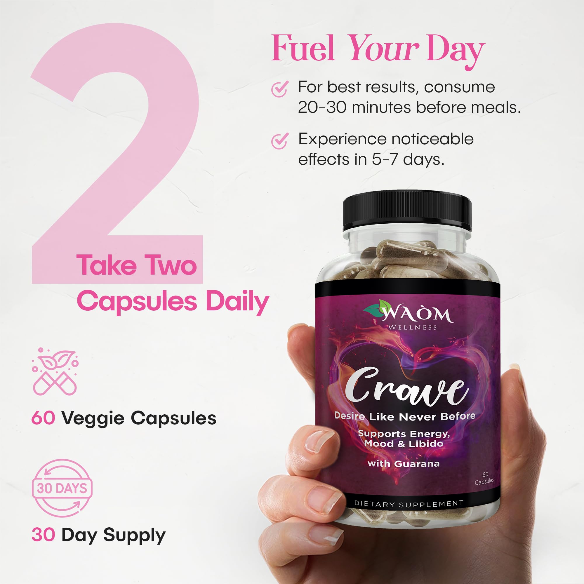 Waòm Wellness Crave – Women’s Desire Booster with Maca, Ashwagandha & L-Theanine – Natural Energy, Mood & Hormone Balance Support – 60 Vegan Capsules Waòm WellnessAu supplements