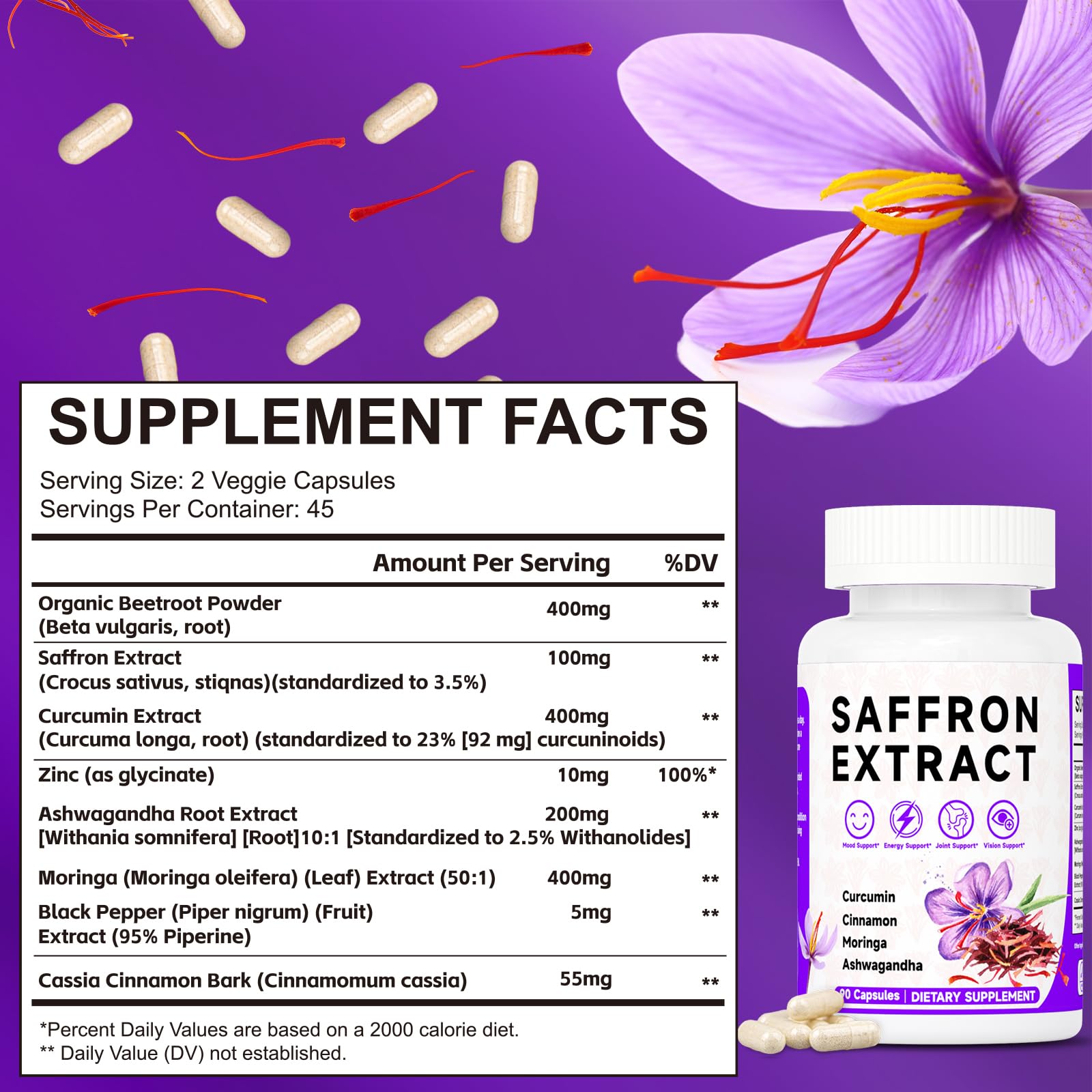 Happy Saffron Supplements, 100mg Saffron Extract, Saffron Blend with Turmeric & Ashwagandha, Supports Mood, Focus, and Energy Boost, 90 Capsules MossllyAu supplements