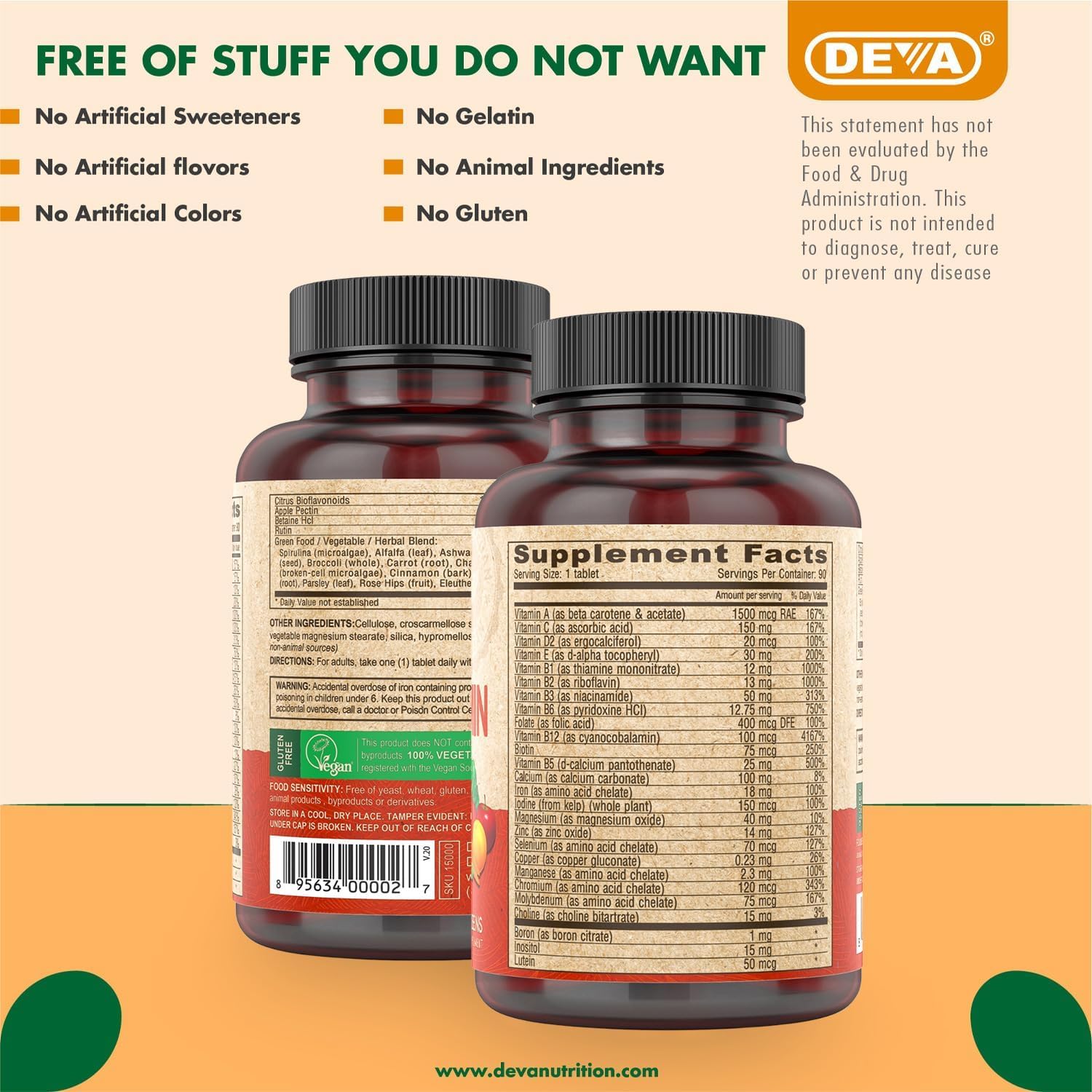 DEVA Vegan Multivitamin & Mineral Supplement with Iron 2-Pack, Spirulina, Chlorella, Ashwagandha, Broccoli & More, 90 Coated Tablets Each DEVAAu supplements