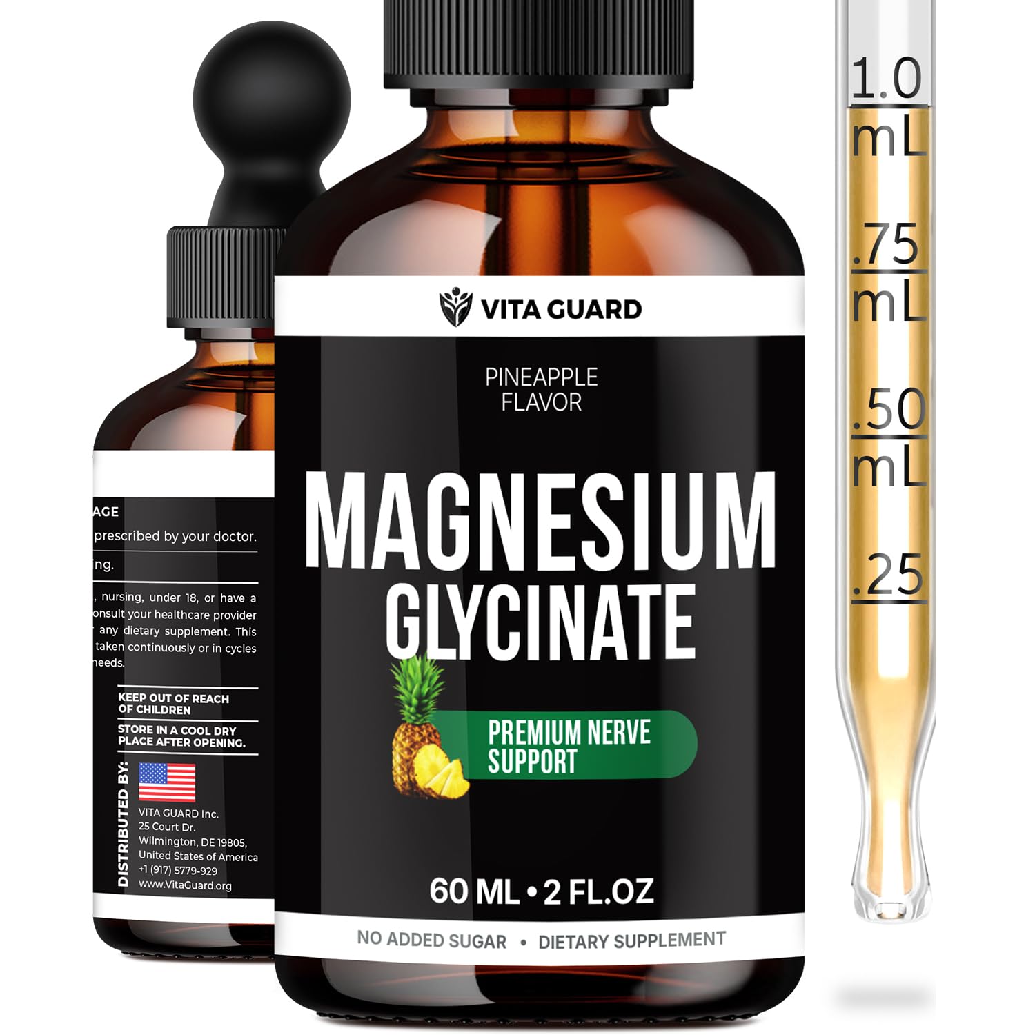 Magnesium Glycinate 500mg Liquid Drops – Sugar-Free Magnesium Supplement, Vegan Formula, 60 mL Flavor Pineapple Vita GuardAu supplements