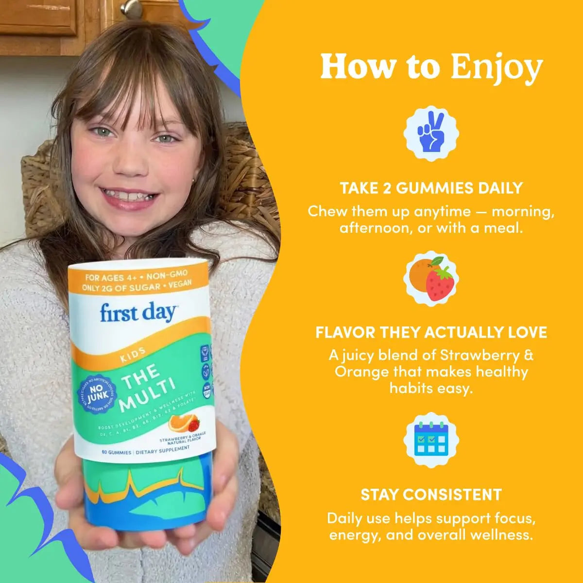 First Day Kids Multivitamin Gummies Age 4+, Strawberry & Orange - Kids Vitamins Multivitamin Gummy A C D3 K2 B1 B2 B6 B12 Folate, Immunity & Brain Function FIRST DAYAu supplements