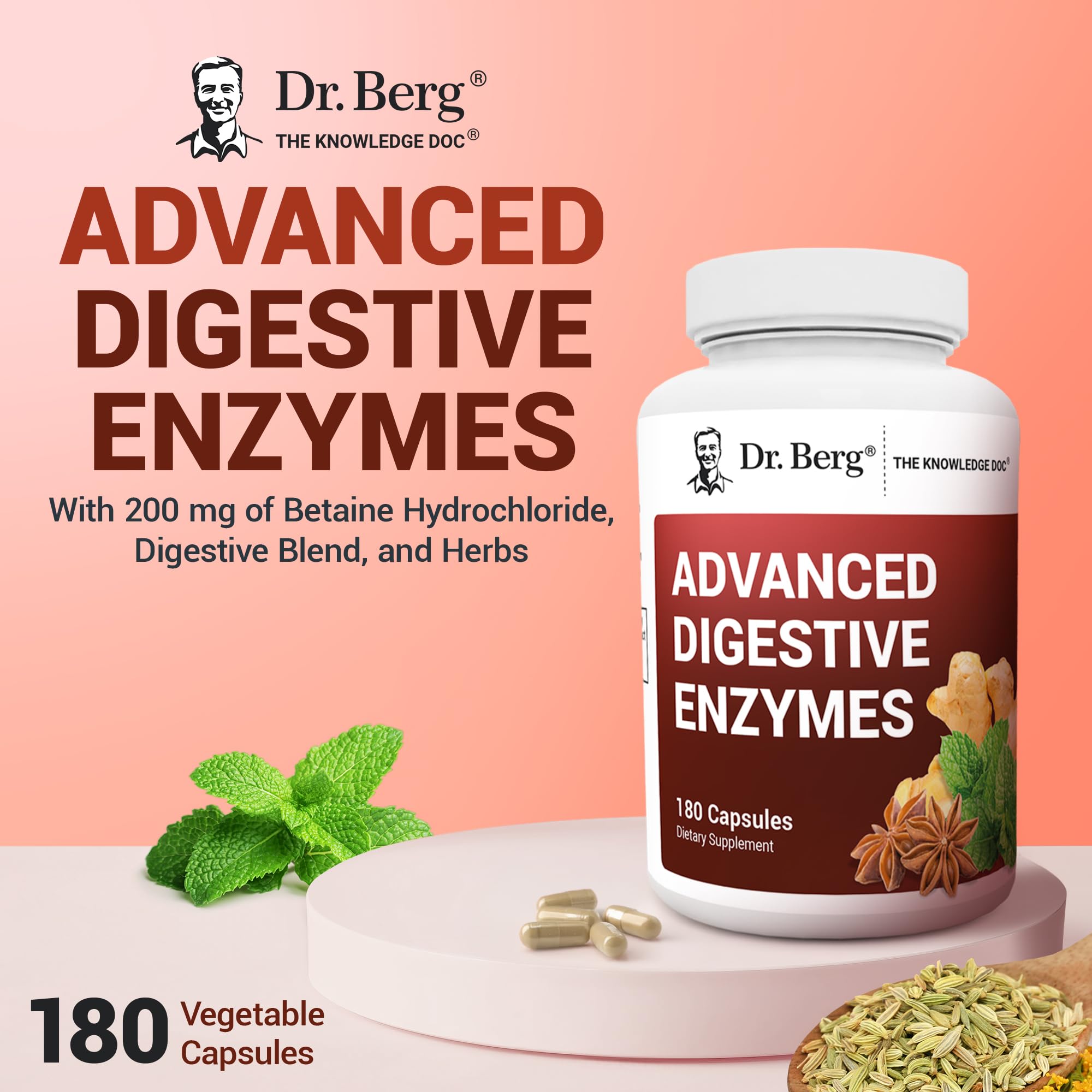 Dr. Berg Advanced Digestive Enzymes with Apple Cider Vinegar - Includes Digestive Health Ingredients Like Betaine Hydrochloride (HCI), Ginger Root & Peppermint Leaf - 180 Capsules Dr. Berg NutritionalsAu supplements
